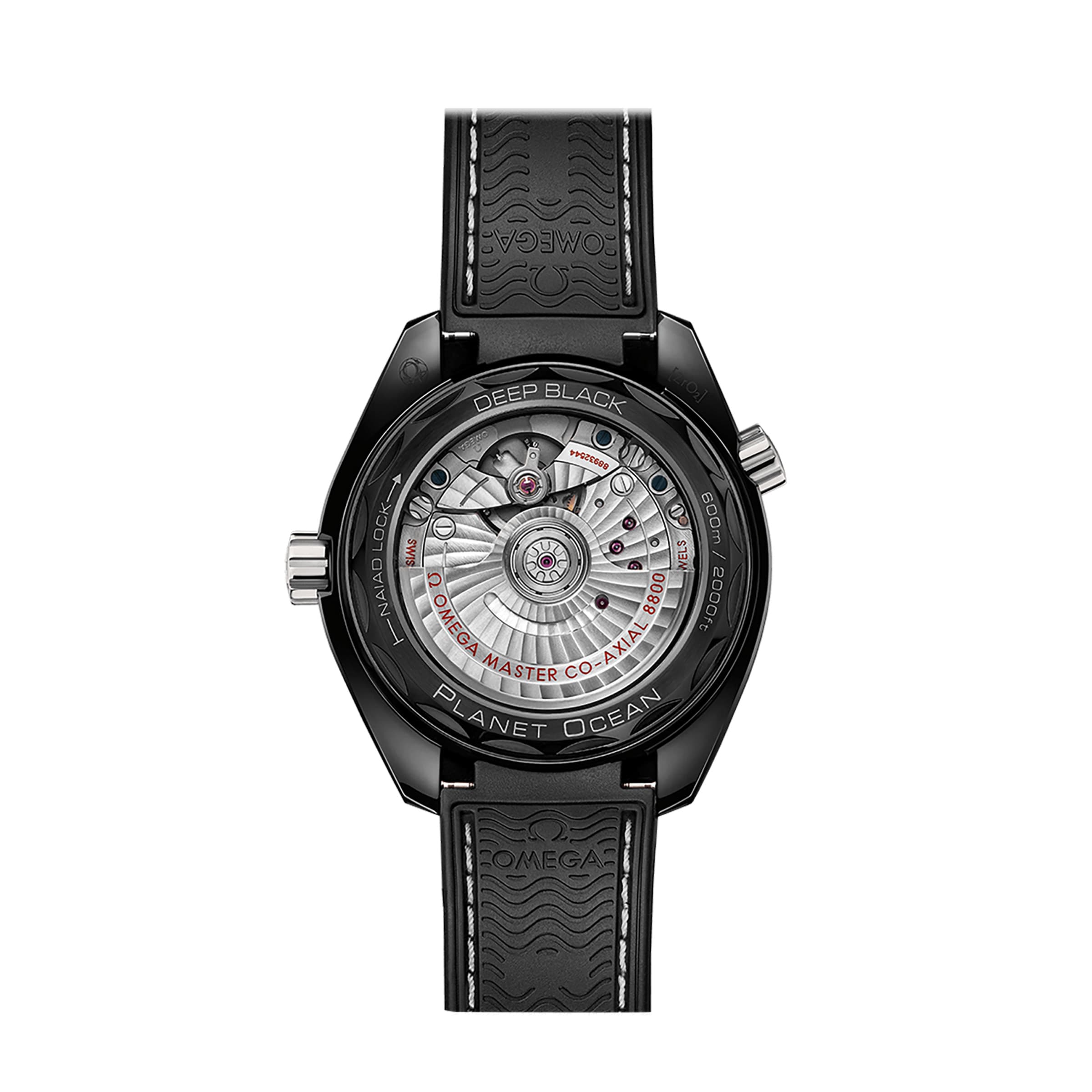 Back view of the OMEGA Seamaster Planet Ocean 600M displaying its detailed mechanical movement and black rubber strap.