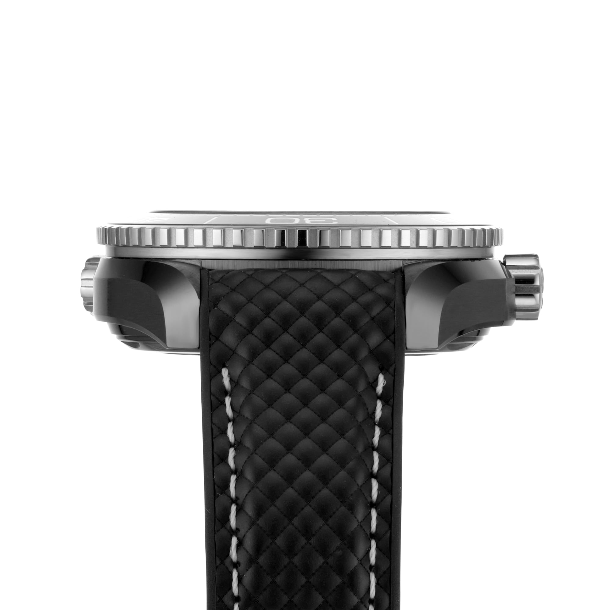 Side view of the OMEGA Seamaster Planet Ocean 600M wristwatch featuring a black textured strap, visible metal crown, and bezel.