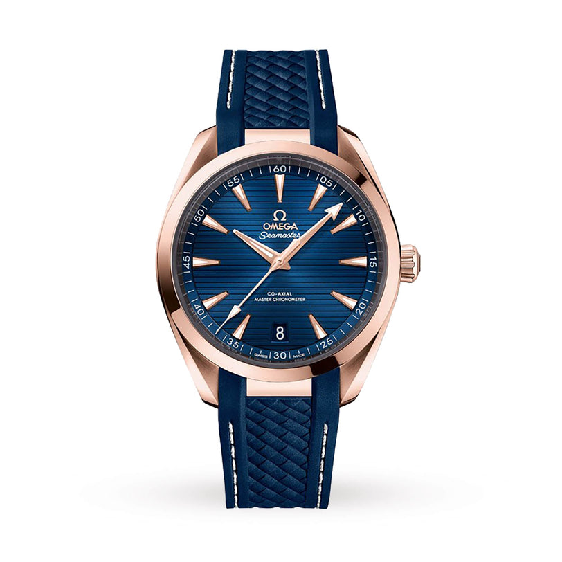The OMEGA Seamaster Aqua Terra 150M features a gold case, blue textured dial with gold hour markers, and a blue rubber strap. It is powered by the Master Chronometer 8800 calibre and shown on a white background.