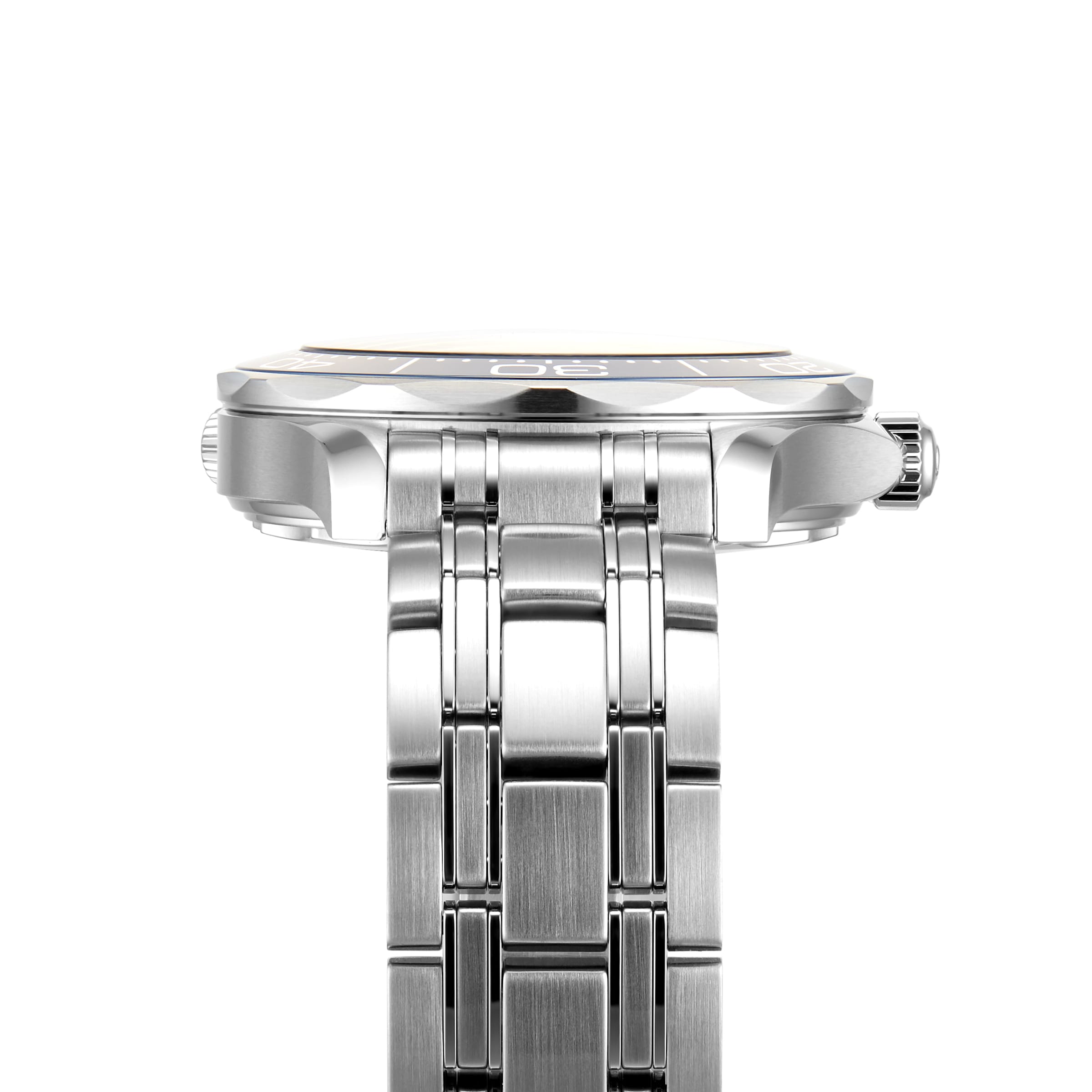 Side profile of the OMEGA Seamaster Diver 300M wristwatch with a stainless steel case and metal bracelet, showcasing the watch case and crown against a white background.