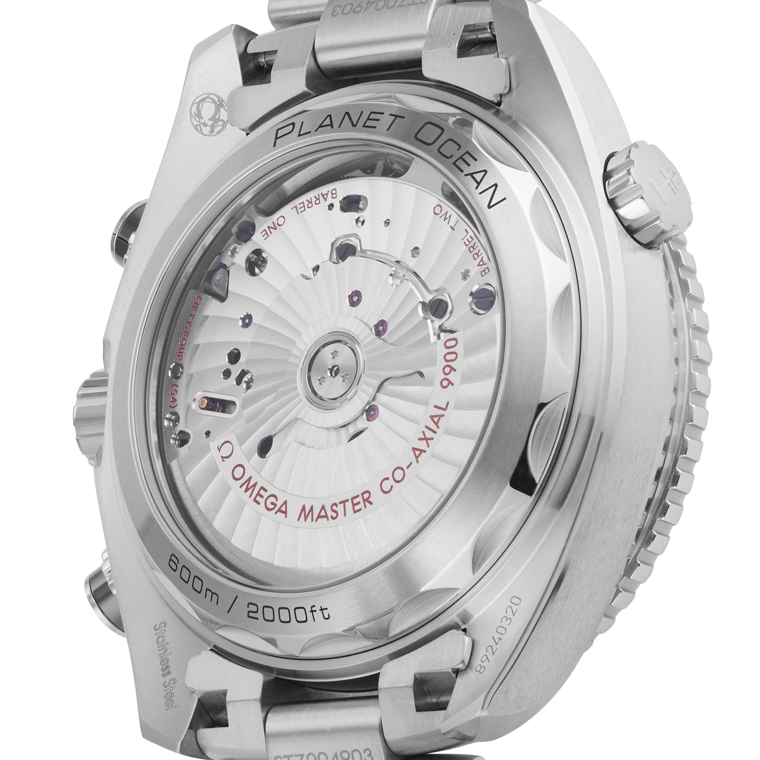 Close-up of the Seamaster Planet Ocean 600M by OMEGA, featuring the Master Chronometer 9900 movement visible through its transparent caseback.