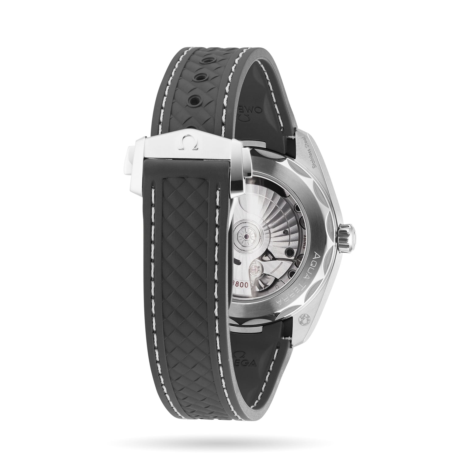 Back view of the OMEGA Seamaster Aqua Terra 150M, featuring a black rubber strap, stainless steel clasp, and exposed mechanical movement within a silver case.