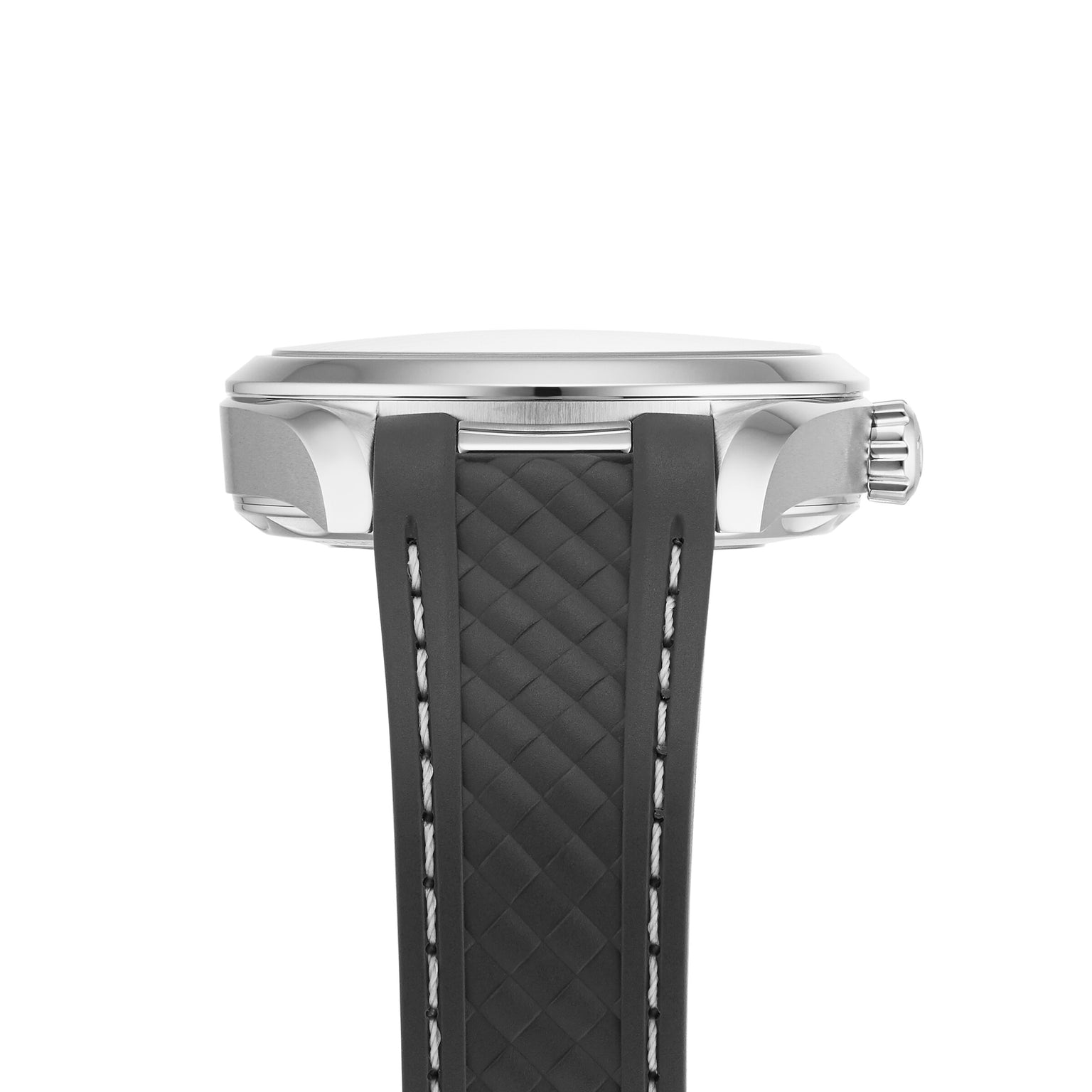 Side view of the OMEGA Seamaster Aqua Terra 150M shows a silver case, black textured strap with white stitching, and visible crown—blending iconic Seamaster heritage with Master Chronometer precision.