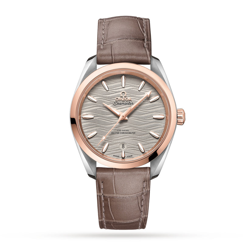 OMEGA Seamaster Aqua Terra 150M with taupe leather strap, silver wavy-pattern dial, 18K Sedna™ gold bezel, date at 6 oclock, and precision Calibre 8800 movement.