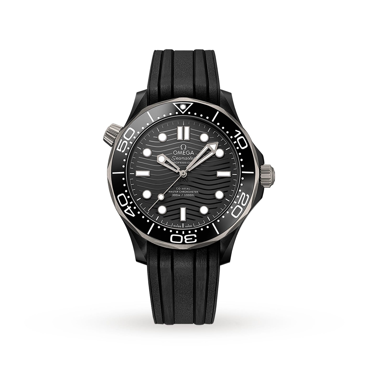 The OMEGA Seamaster Diver 300M features a black rubber strap, a ceramic bezel, and white hour markers on its wavy-textured black dial.