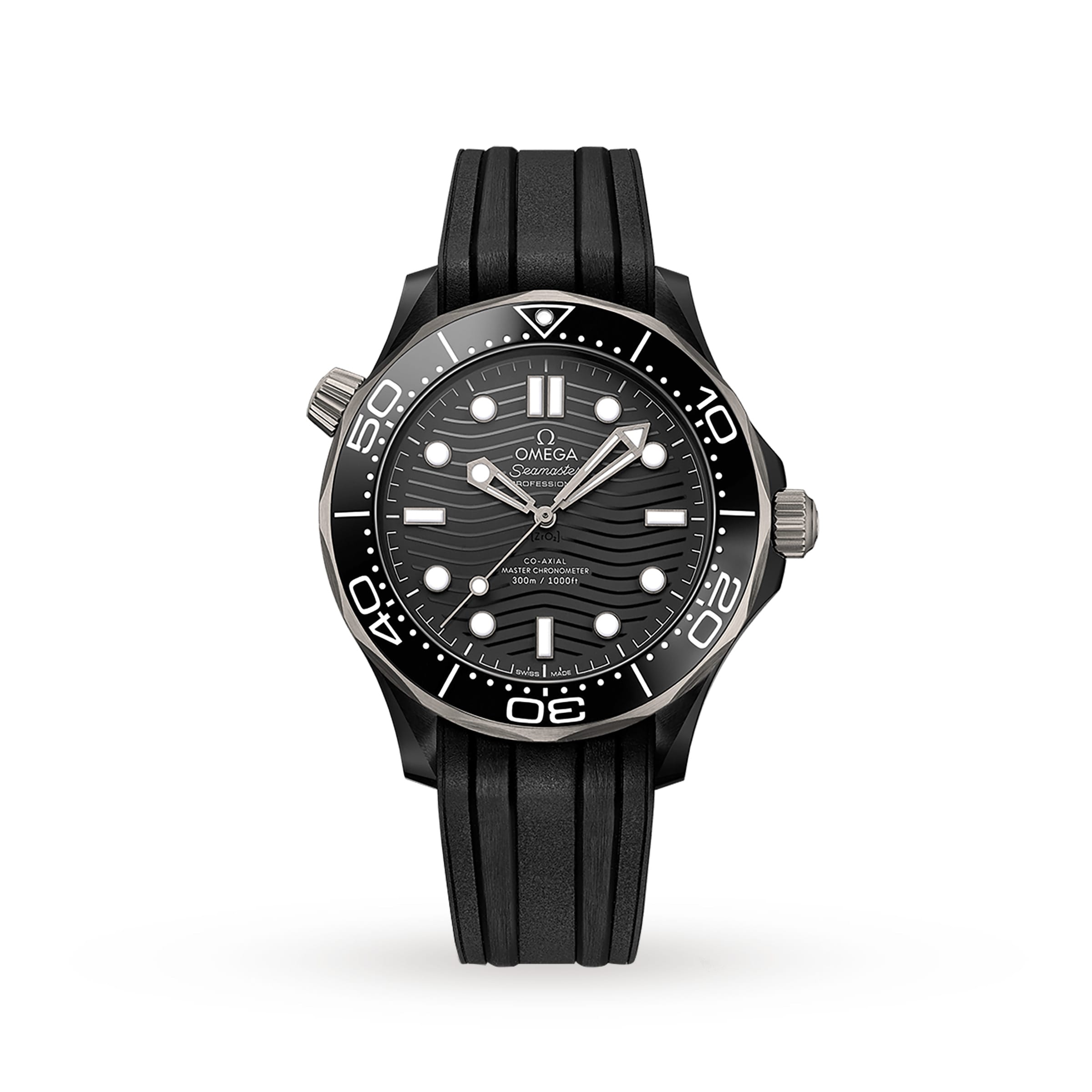 The OMEGA Seamaster Diver 300M features a black rubber strap, a ceramic bezel, and white hour markers on its wavy-textured black dial.