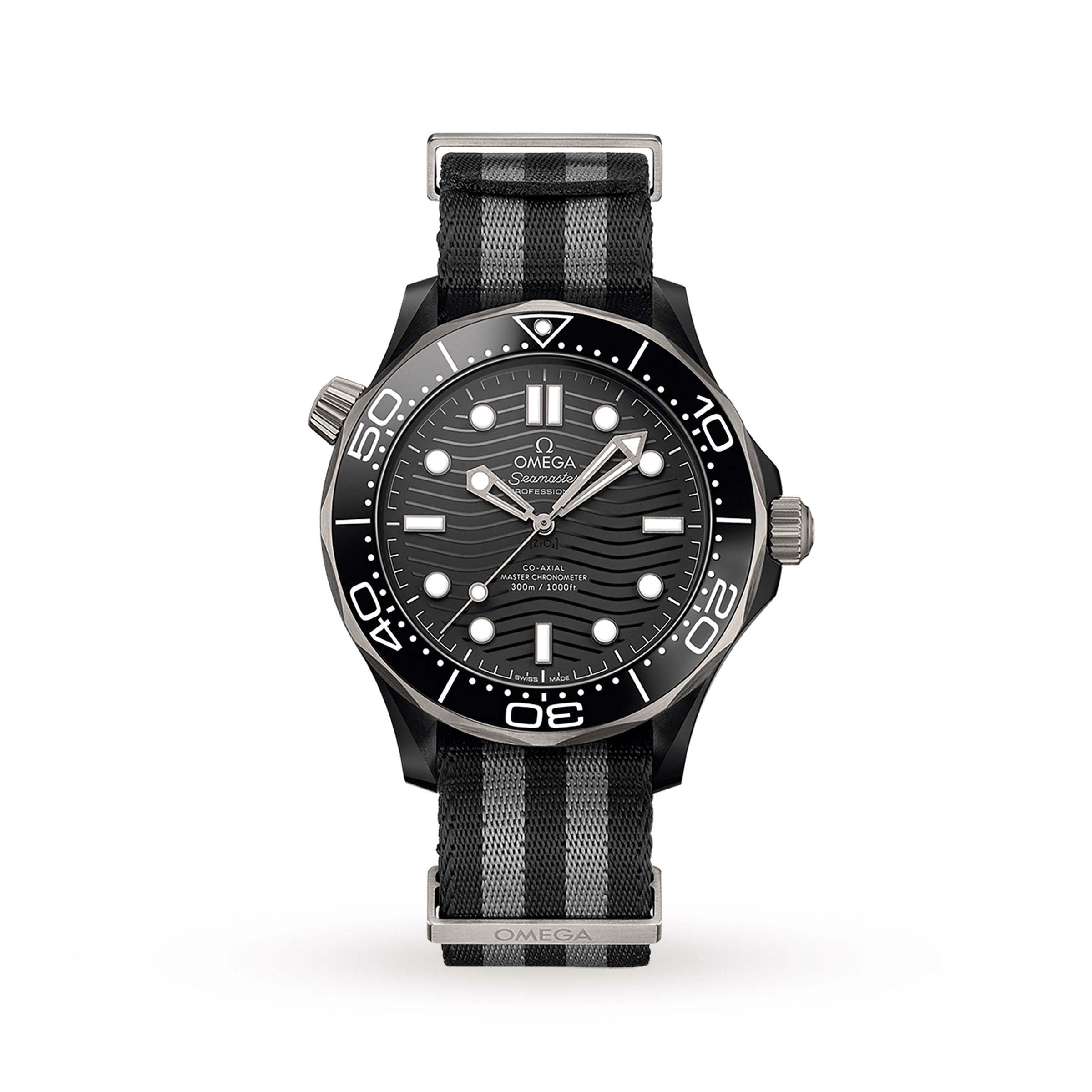 The OMEGA Seamaster Diver 300M features a black round case, black dial with white hour markers, rotating bezel, and pairs with a black and gray NATO strap—shown here against a white background.