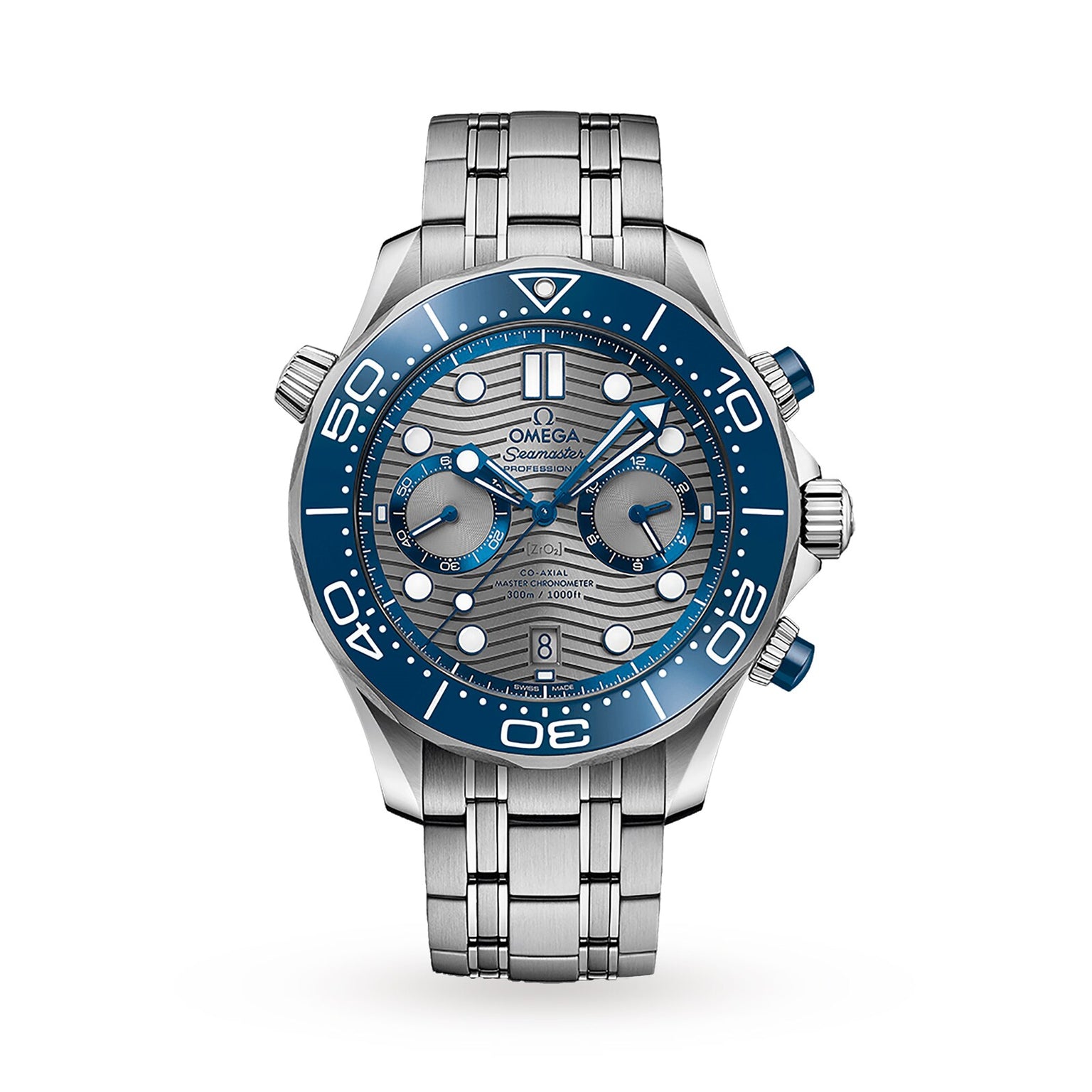 The OMEGA Seamaster Diver 300M features a stainless steel case, blue bezel, blue accents, chronograph subdials, and a silver wave-patterned dial—evoking the iconic James Bond style—displayed on a plain white background.