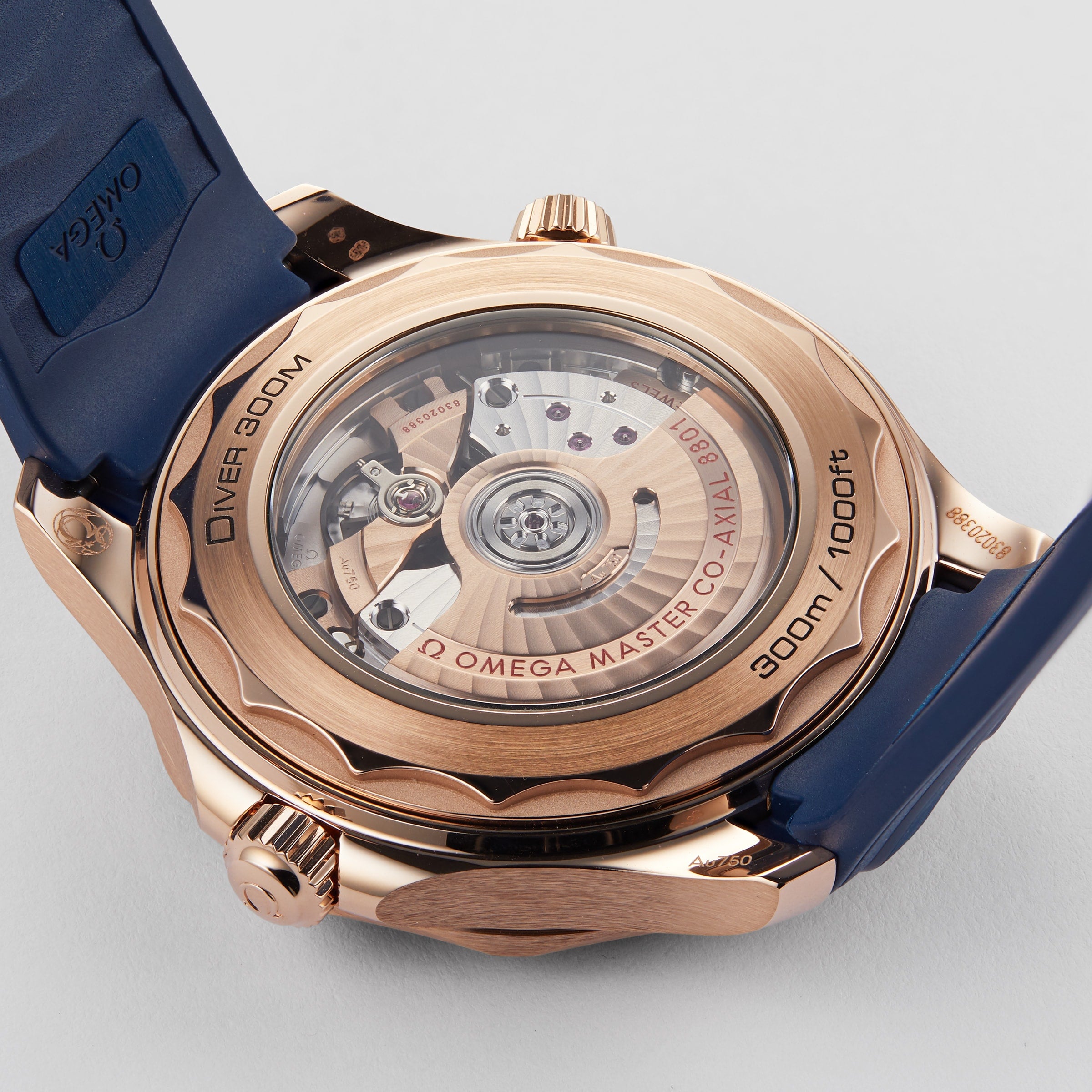 Close-up of the back of an OMEGA Seamaster Diver 300M with a transparent case showing the movement, labeled 300m/1000ft and Omega Master Co-Axial 8801, on a blue strap—a signature style favored by James Bond.