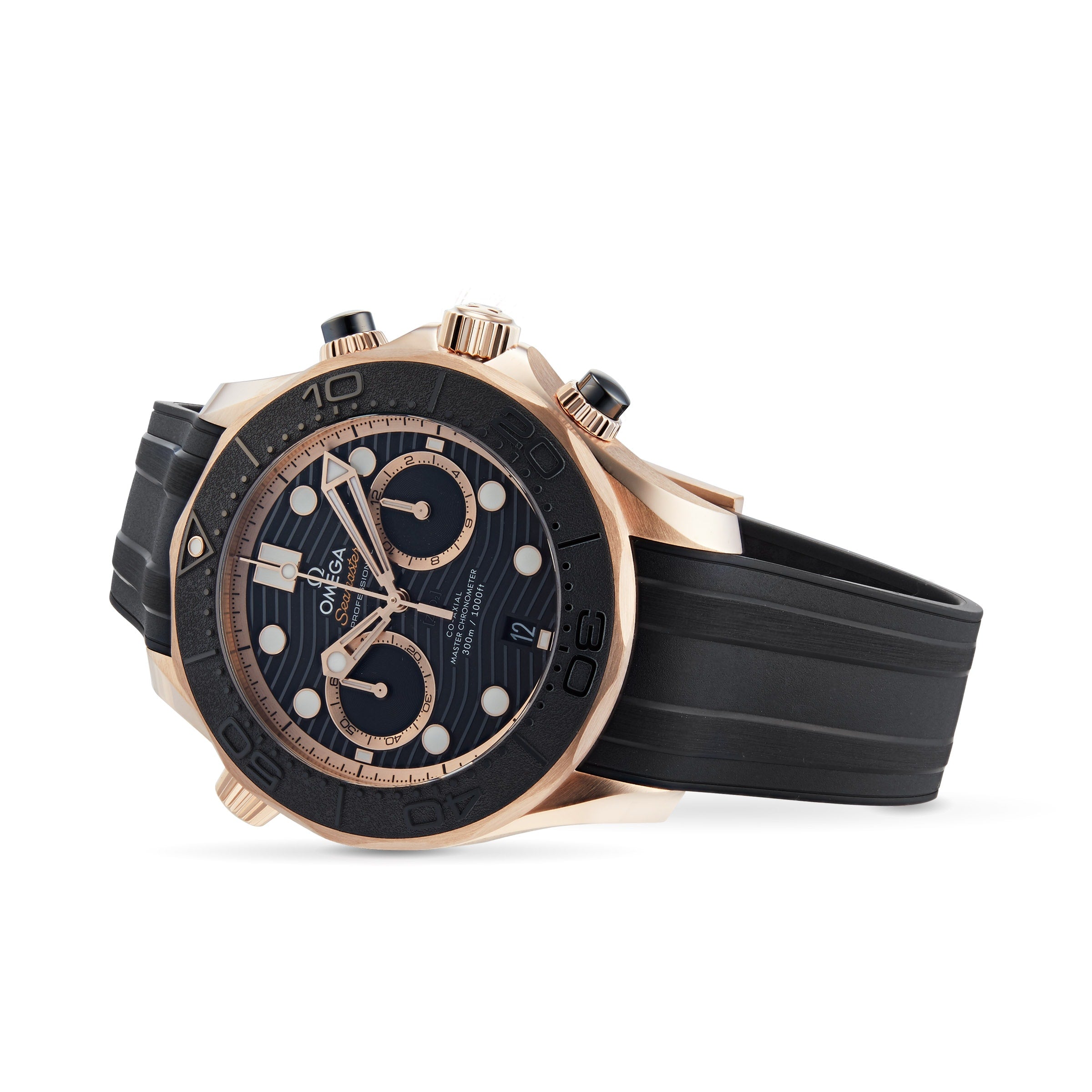 The OMEGA Seamaster Diver 300M is a luxury dive watch with a black strap, black and gold bezel, and a black dial featuring gold accents and chronograph subdials.