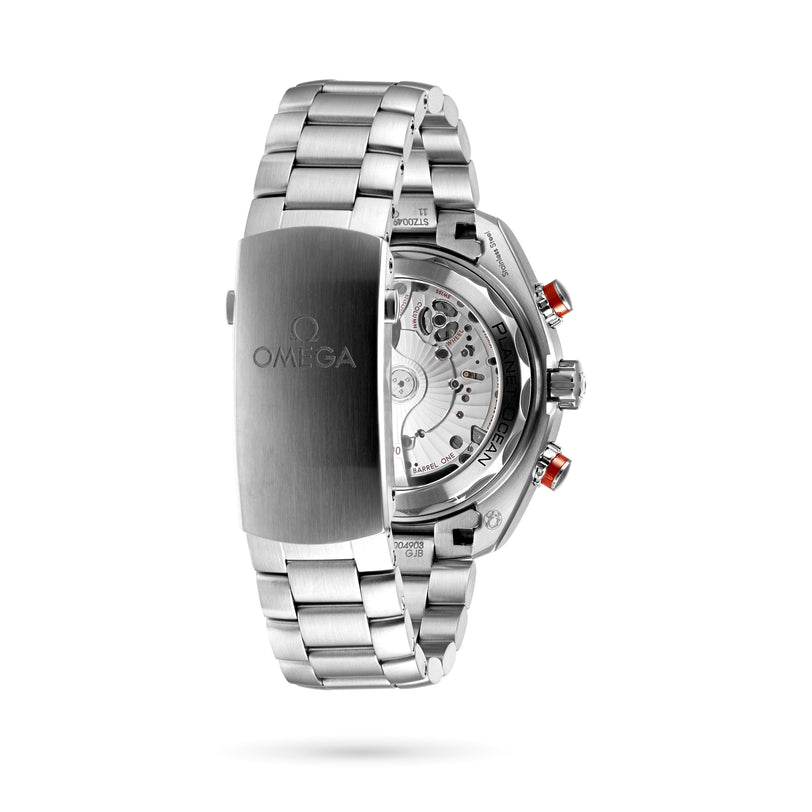 An OMEGA Seamaster Planet Ocean 600M stainless steel watch is displayed from the back, revealing its metal bracelet and the exposed 9900 calibre movement.