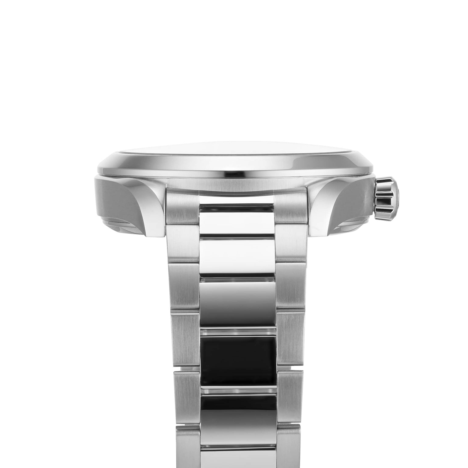 Side view of the OMEGA Seamaster Aqua Terra 150M, featuring a polished stainless steel band and a prominent crown on the right, from the Worldtimer collection.