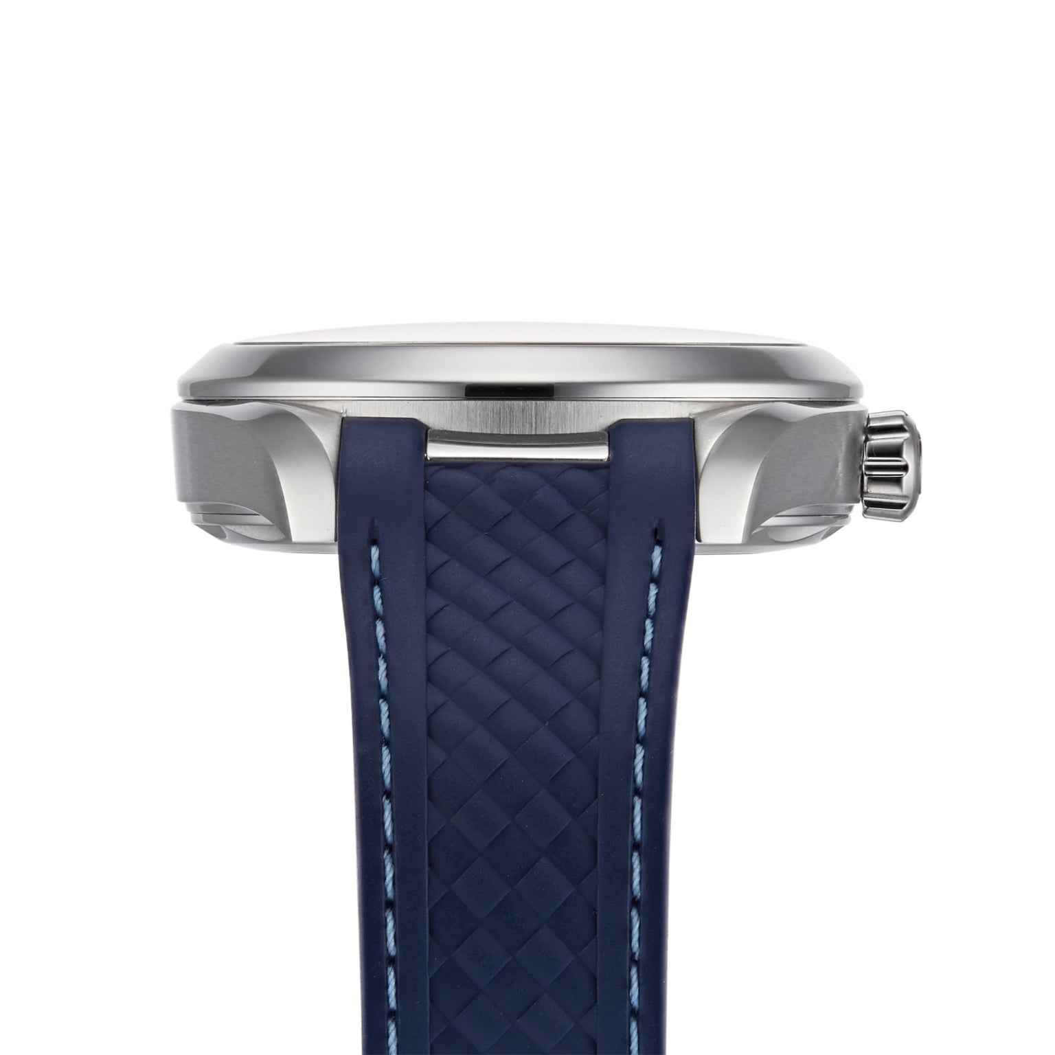 Side view of the OMEGA Seamaster Aqua Terra 150M case, featuring a blue textured strap and metal crown, set against a white background.