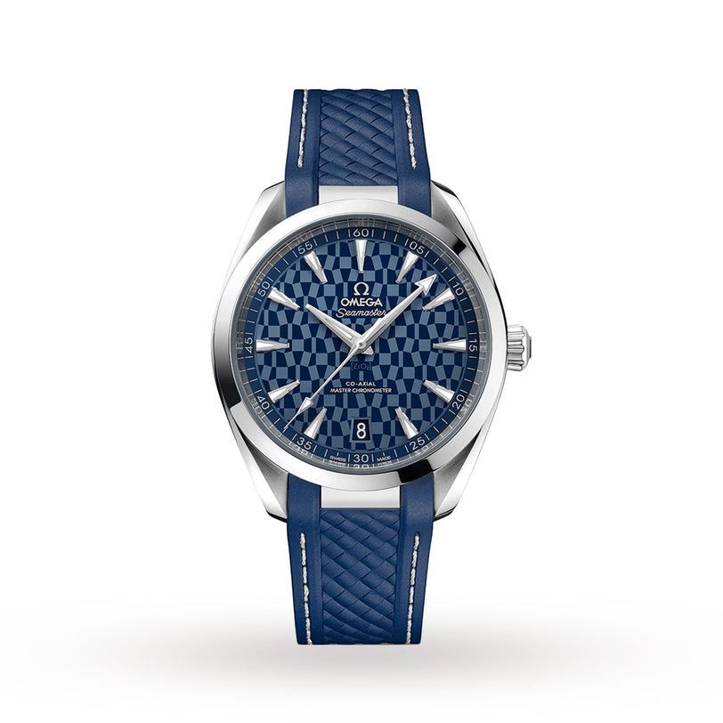 The OMEGA Seamaster Tokyo 2020 Limited Edition features a blue patterned dial, date at 6 o’clock, blue textured strap, silver hour markers, Omega branding, and Master Chronometer Calibre 8900 movement.