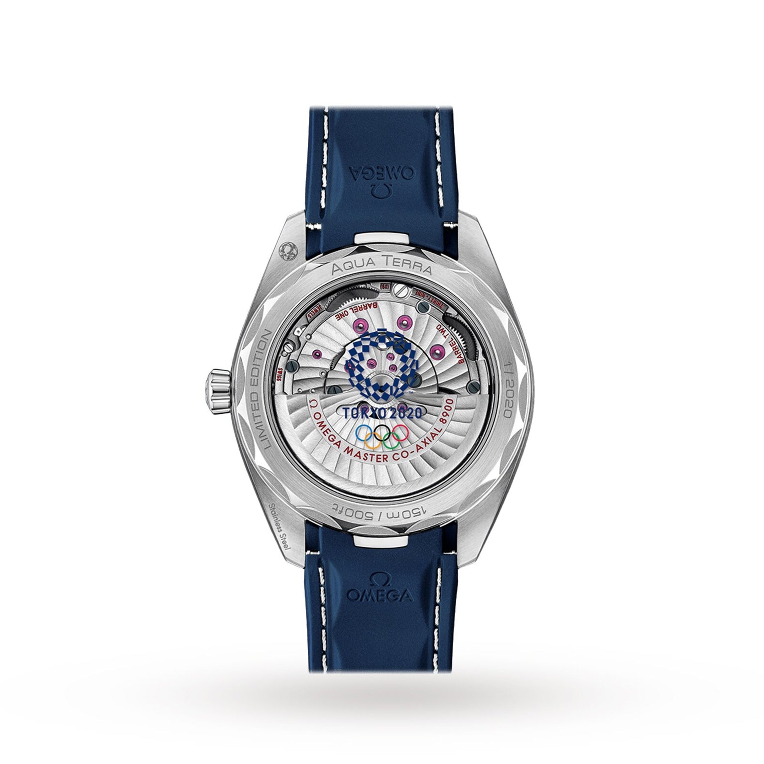 Rear view of the OMEGA Seamaster Tokyo 2020 Limited Edition, showing the Olympic Games Tokyo 2020 logo, visible Master Chronometer Calibre 8900 movement, and a blue leather strap on a white background.
