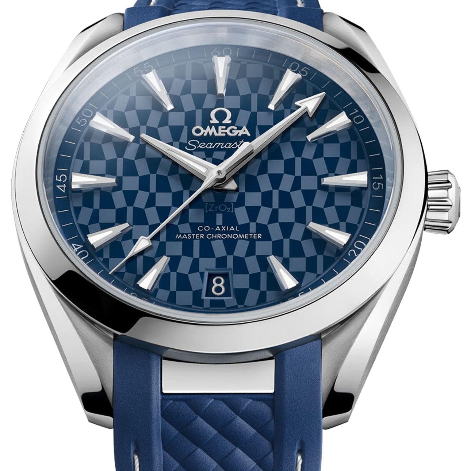 Close-up of the OMEGA Seamaster Tokyo 2020 Limited Edition, featuring a blue patterned dial, silver hour markers, blue strap, and Master Chronometer Calibre 8900. Date at 6 o’clock. Created to honor the Olympic Games Tokyo 2020.