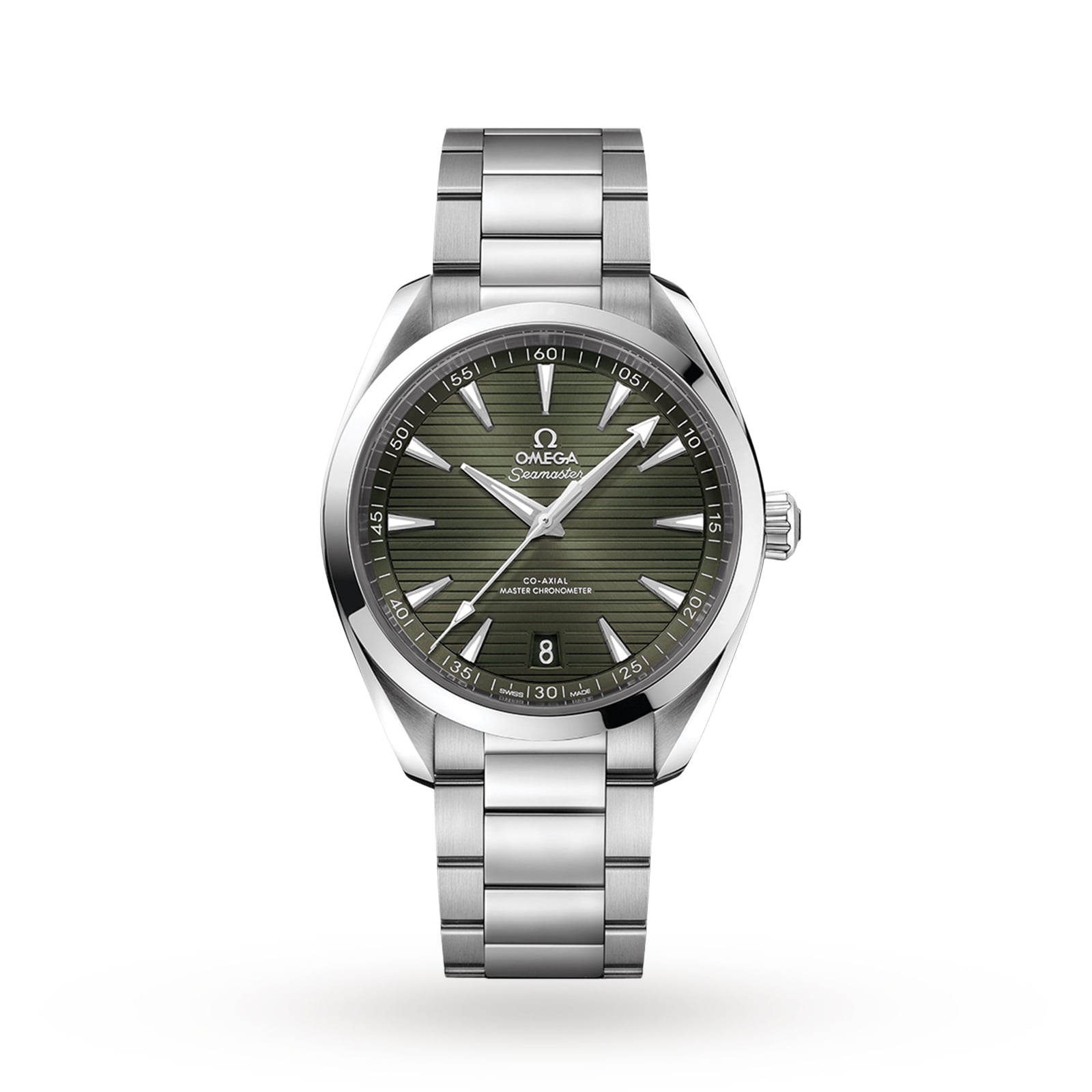 The OMEGA Seamaster Aqua Terra 150M features a stainless steel case, green textured dial with silver markers, date at 6 oclock, Omega branding, and Master Chronometer 8900 calibre movement, shown on a white background.