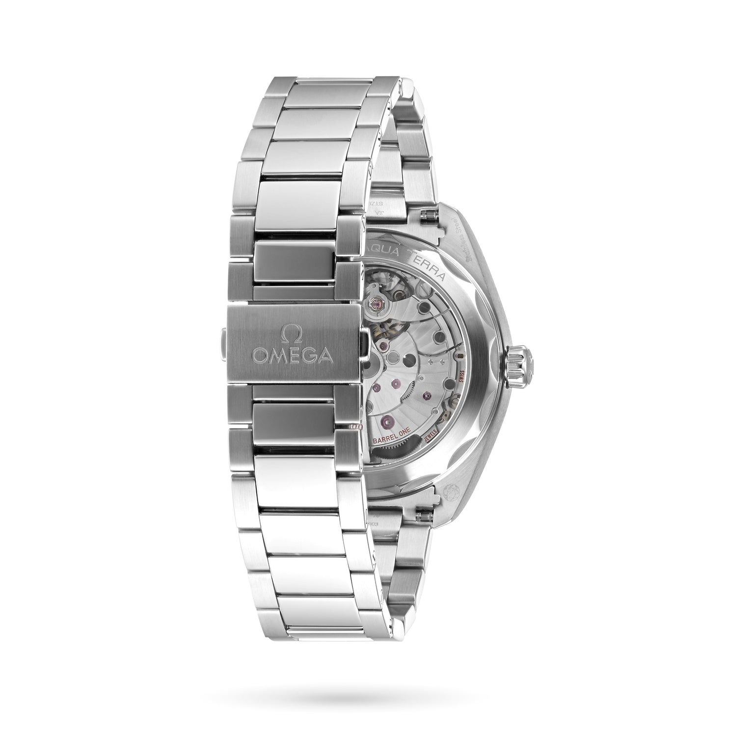 An OMEGA Seamaster Aqua Terra 150M wristwatch shown from the back, featuring a transparent case back that reveals the intricate 8900 calibre movement.