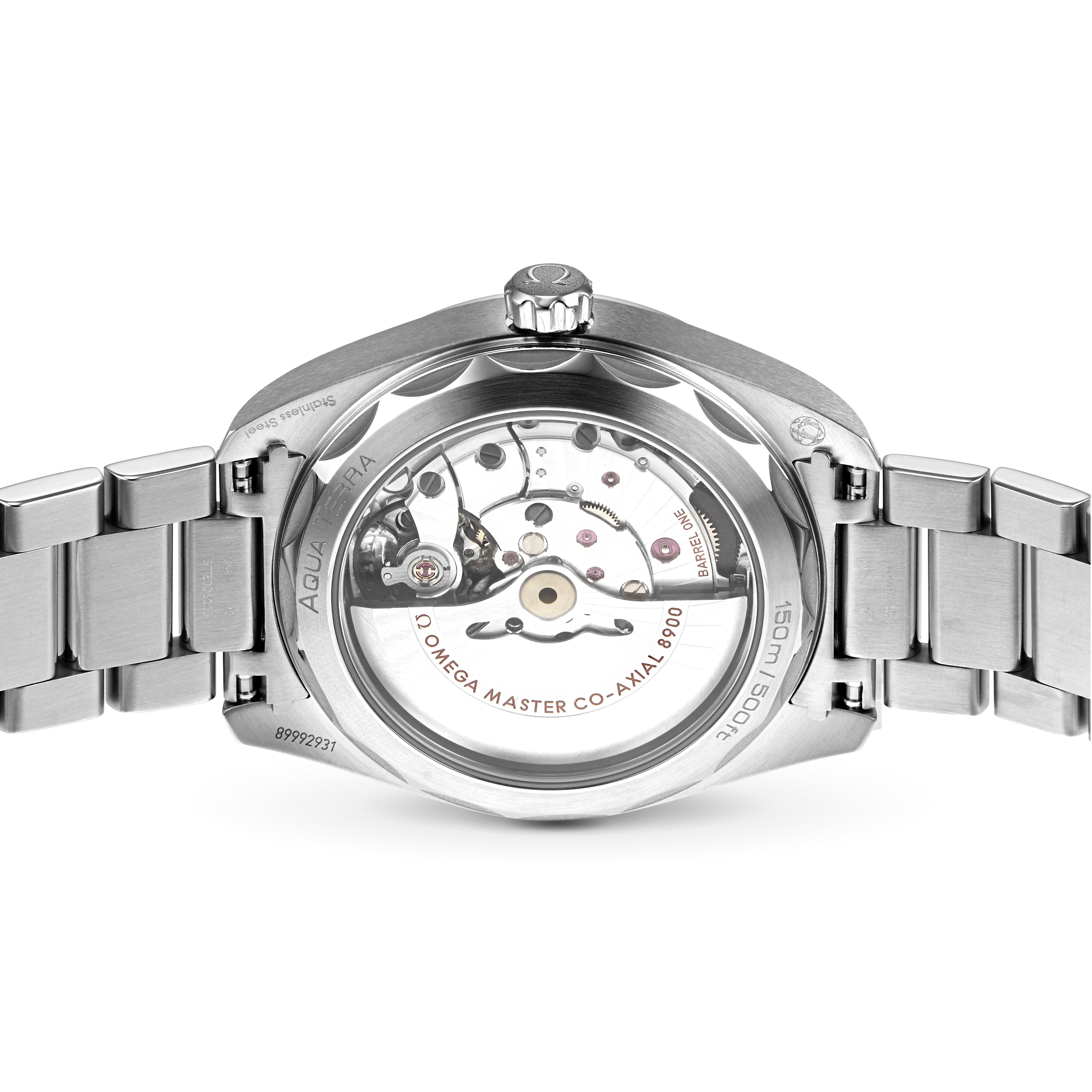 Close-up of the OMEGA Seamaster Aqua Terra 150M’s back, highlighting its transparent case back and the detailed 8900 calibre movement inside.