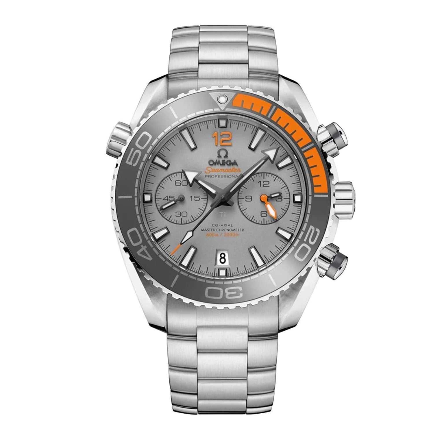 The OMEGA Seamaster Planet Ocean 600M is a stainless steel wristwatch with a grey dial, orange accents, and metal link bracelet. This Master Chronometer displays time, date, and has three subdials.