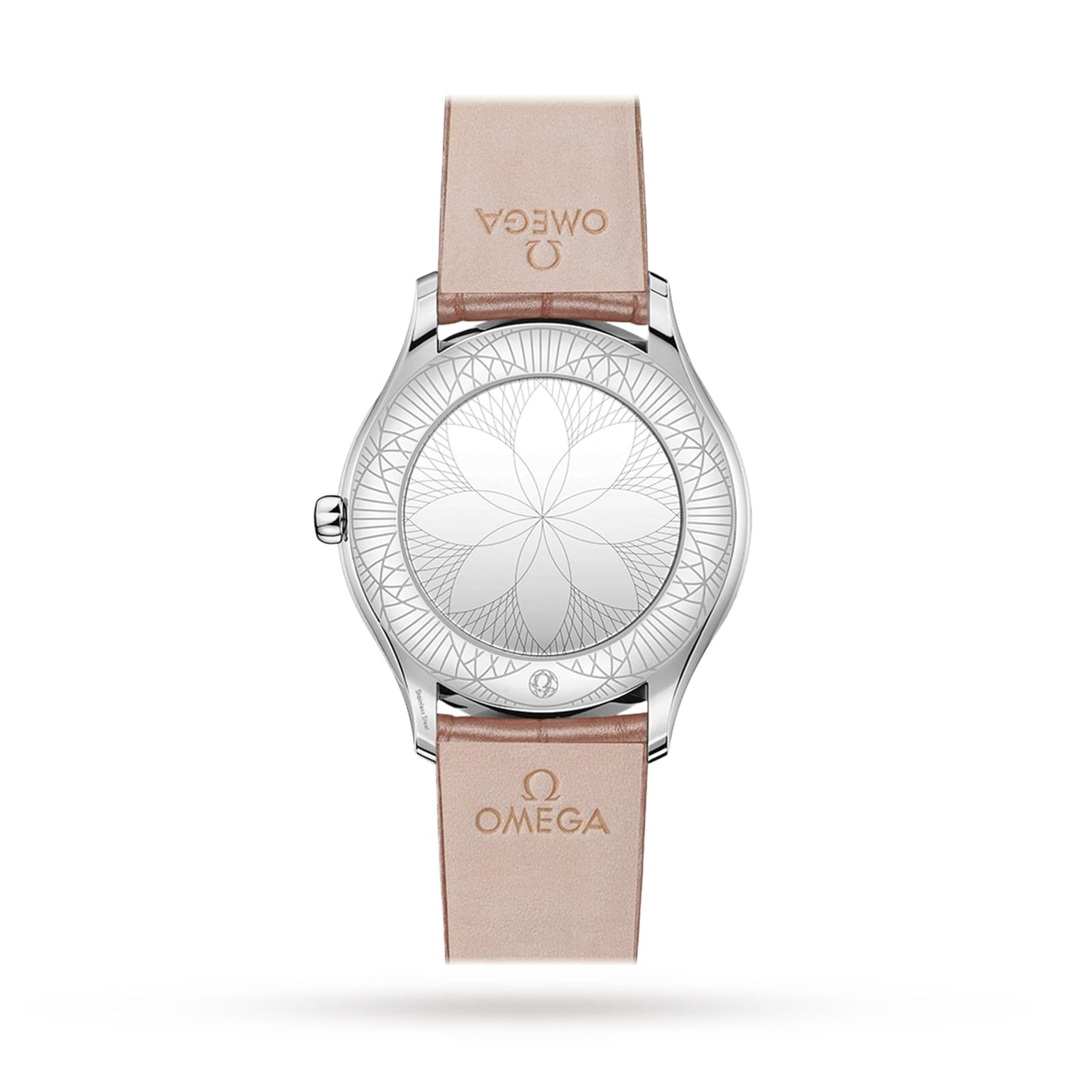 The OMEGA De Ville Trésor features a mother-of-pearl dial, a beige leather strap with the Omega logo, and a silver case back engraved with a geometric floral pattern.