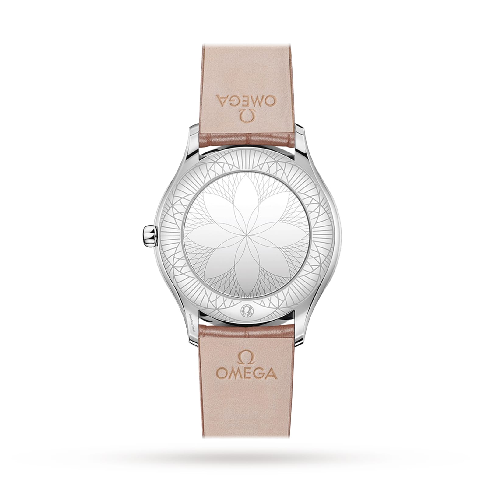 The OMEGA De Ville Trésor features a mother-of-pearl dial, a beige leather strap with the Omega logo, and a silver case back engraved with a geometric floral pattern.