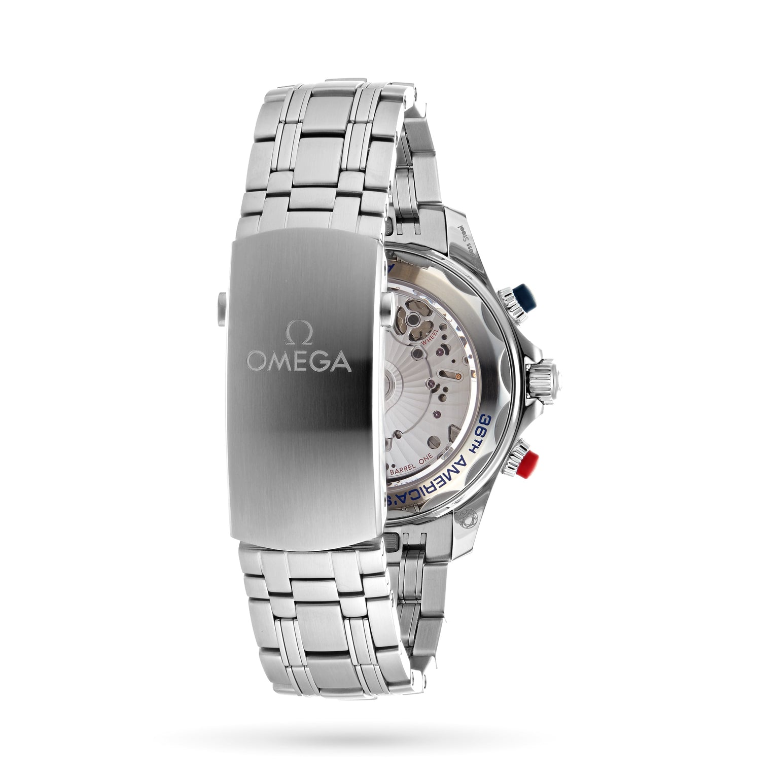 The OMEGA Seamaster Diver 300M Americas Cup Edition features a stainless steel case, visible mechanical movement, metal bracelet, and an engraved OMEGA logo on the clasp.