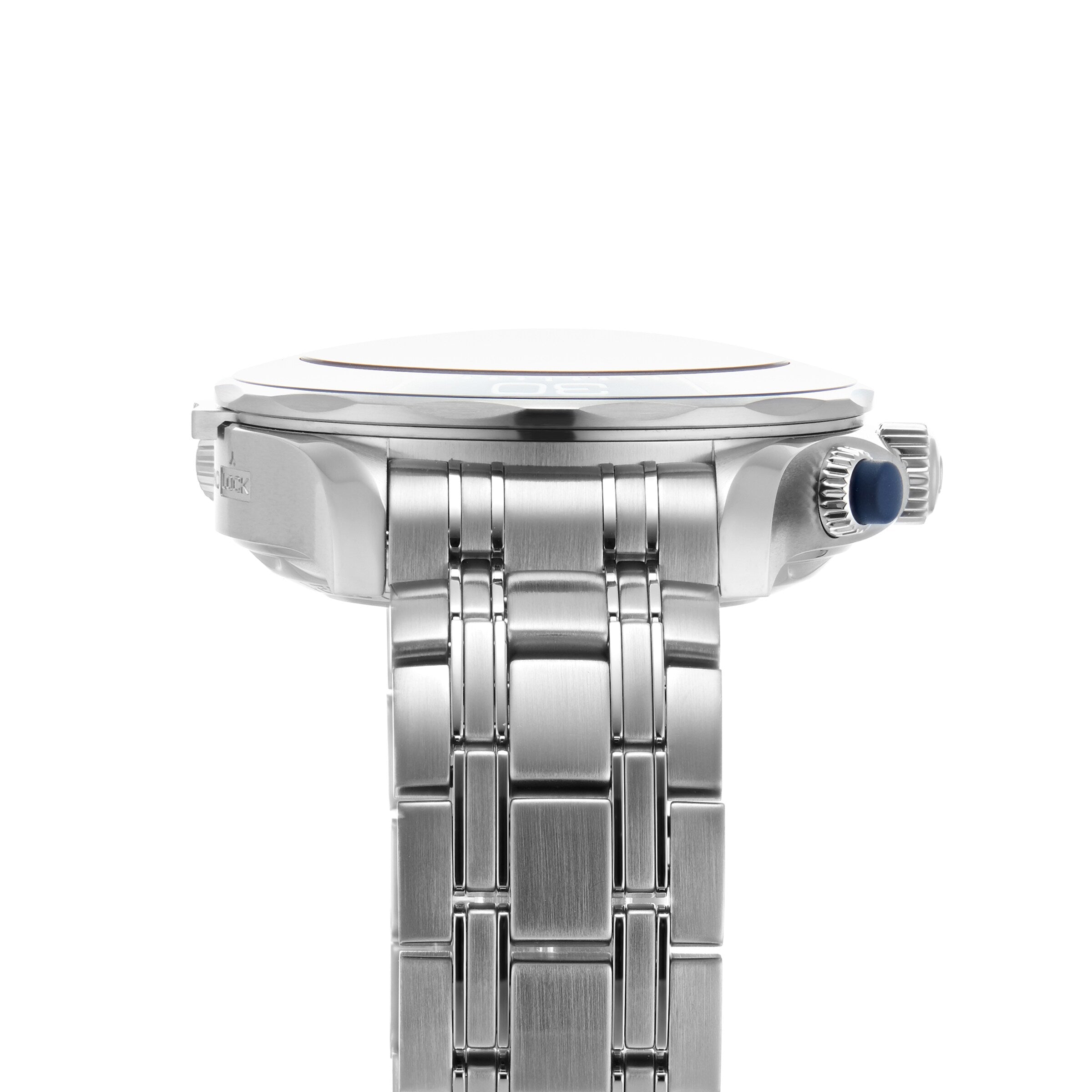 Side view of the OMEGA Seamaster Diver 300M Americas Cup Edition wristwatch in silver metal with a linked band and blue crown accent, featuring the OMEGA Calibre 9900 movement, set against a white background.