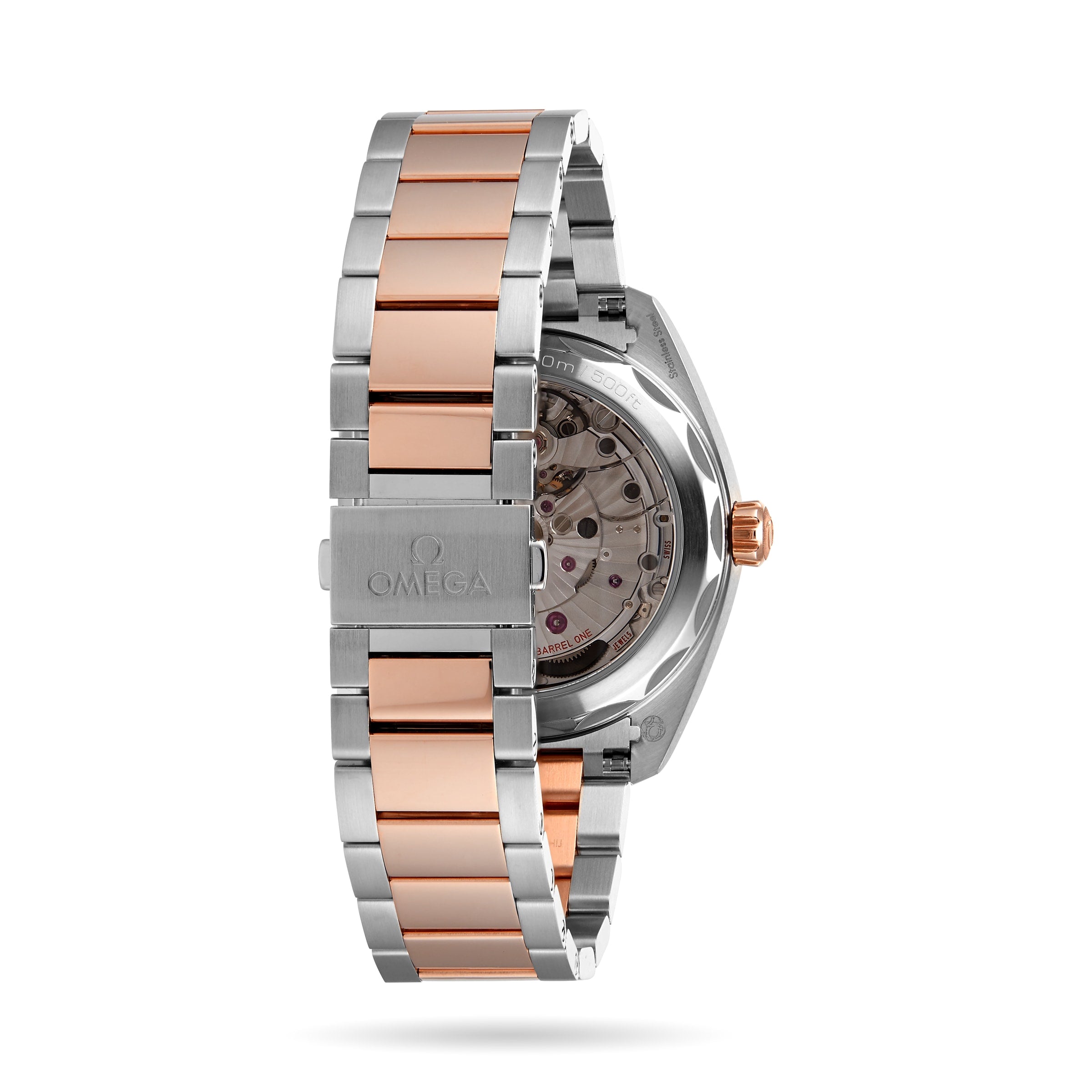 OMEGA Seamaster Aqua Terra 150M with a two-tone silver and Sedna™ gold bracelet, shown from the back to highlight the clasp and visible Master Chronometer movement.