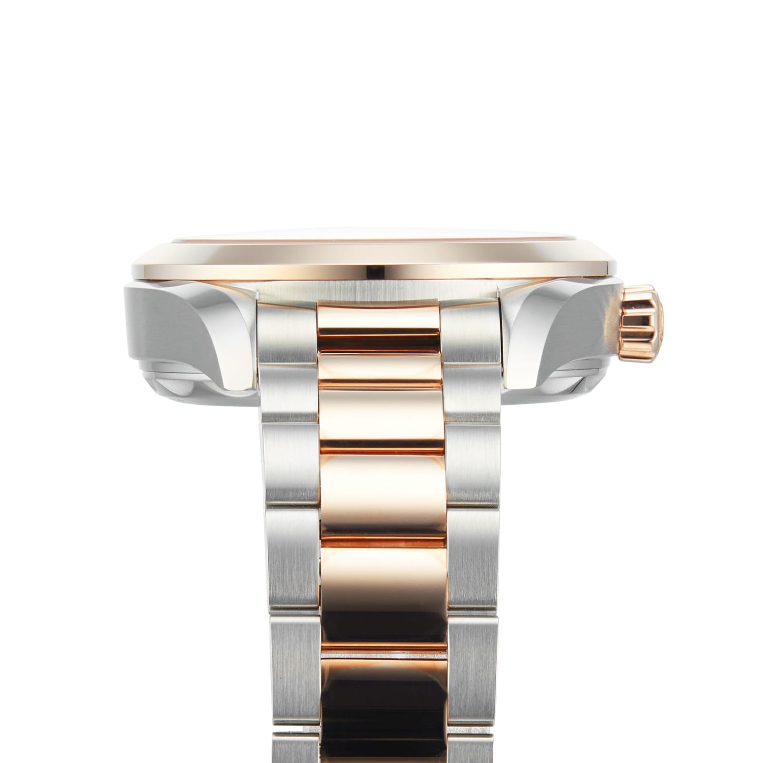 Close-up side view of the OMEGA Seamaster Aqua Terra 150M wristwatch, showcasing the case, crown, and part of its gold and silver two-tone band.