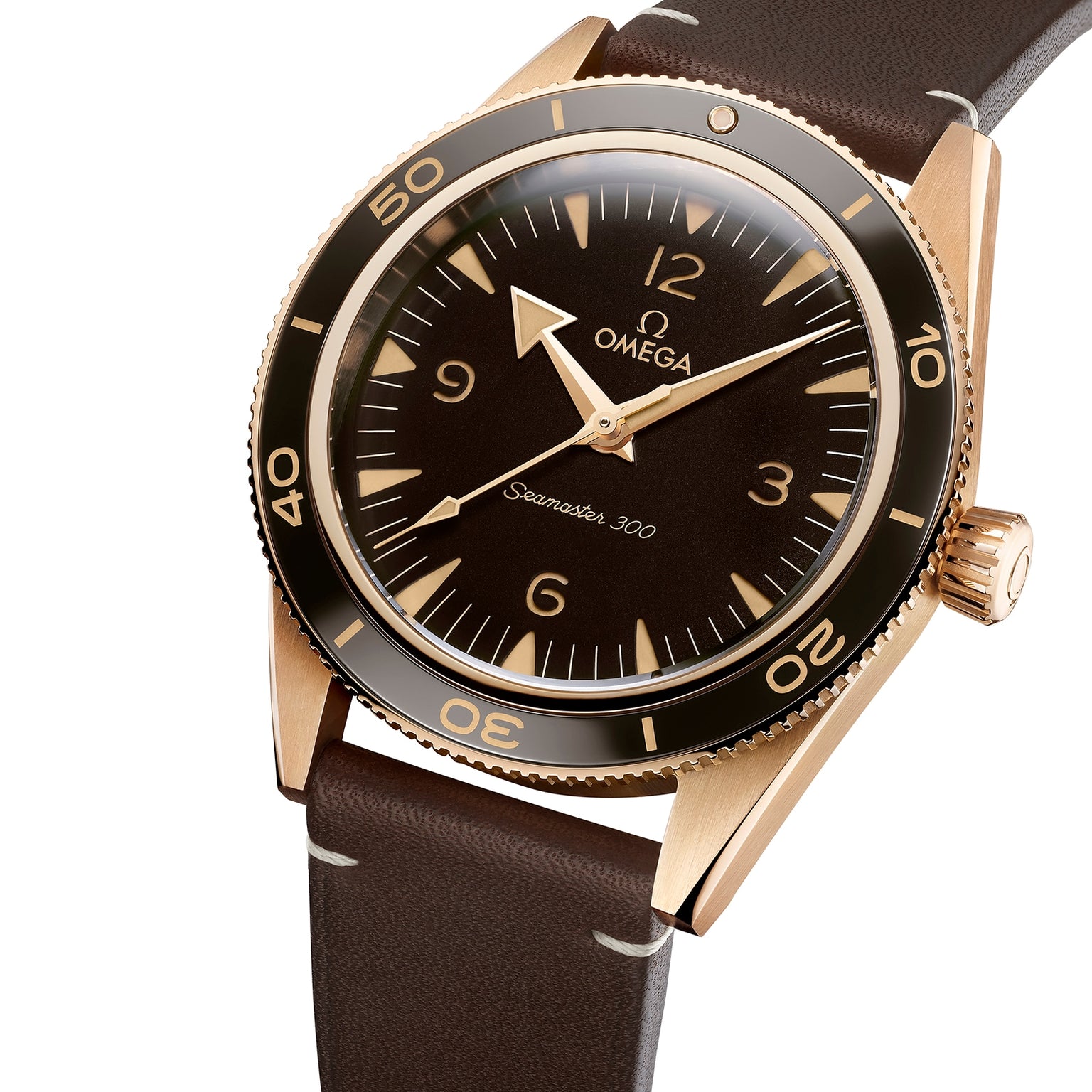 An OMEGA Seamaster 300 wristwatch with a bronze gold case, brown dial, brown leather strap, and rotating bezel is displayed at an angle against a white background.