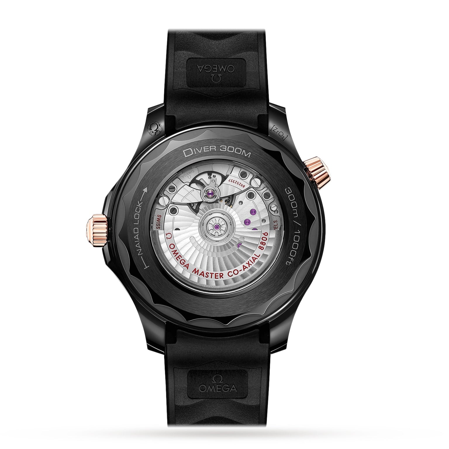 Back view of the OMEGA Seamaster Diver 300M, featuring a black rubber strap and transparent case back revealing the automatic movement and labeled components.