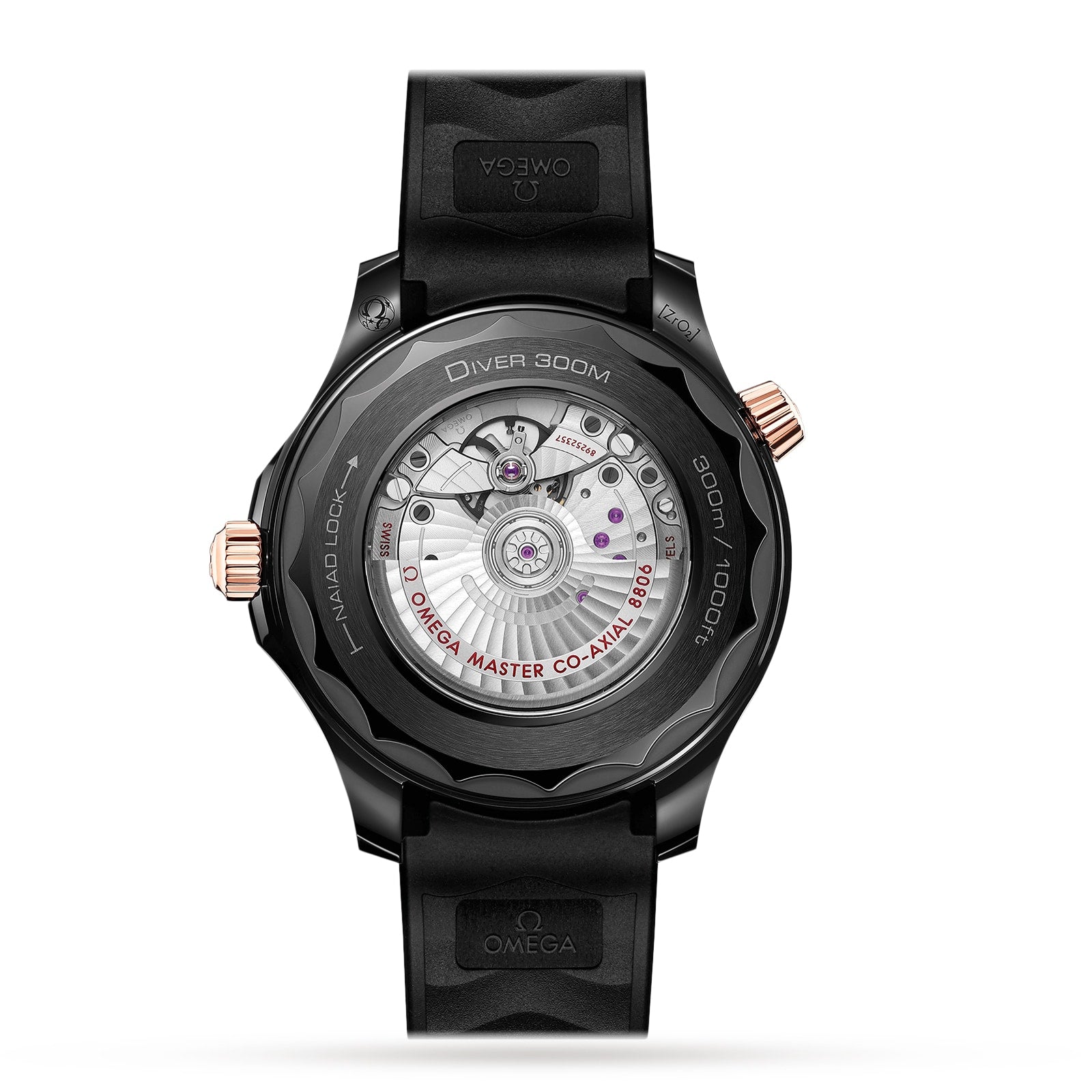 Back view of the OMEGA Seamaster Diver 300M, featuring a black rubber strap and transparent case back revealing the automatic movement and labeled components.