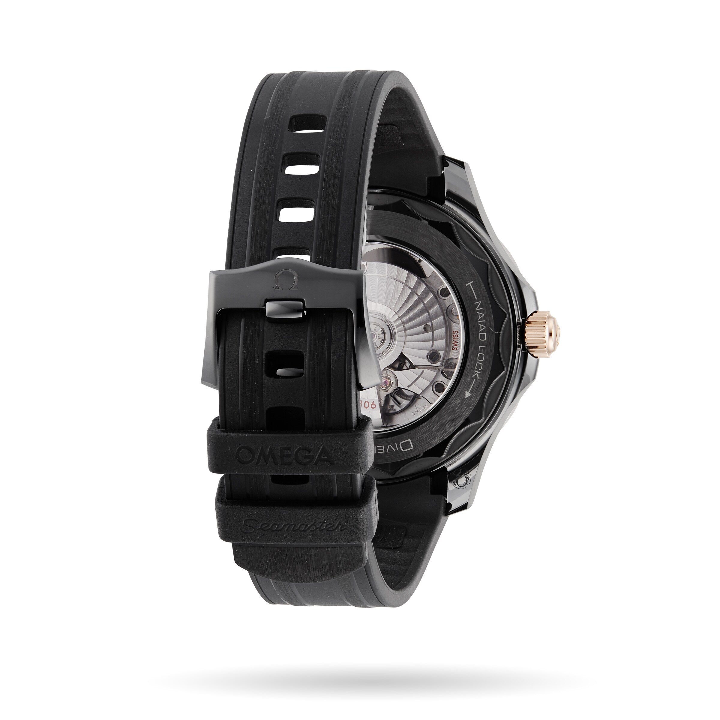 Back view of the OMEGA Seamaster Diver 300M, featuring a rubber strap, logo-engraved clasp, and visible mechanical movement through its transparent case back.