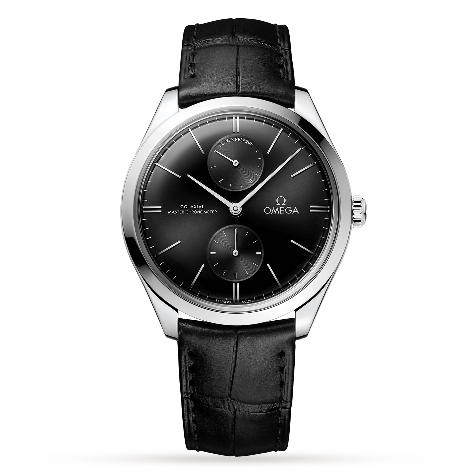 A black OMEGA De Ville Trésor wristwatch with a minimalistic 40mm stainless steel case, two subdials, black leather strap, and Co-Axial Master Chronometer movement is displayed on a white background.