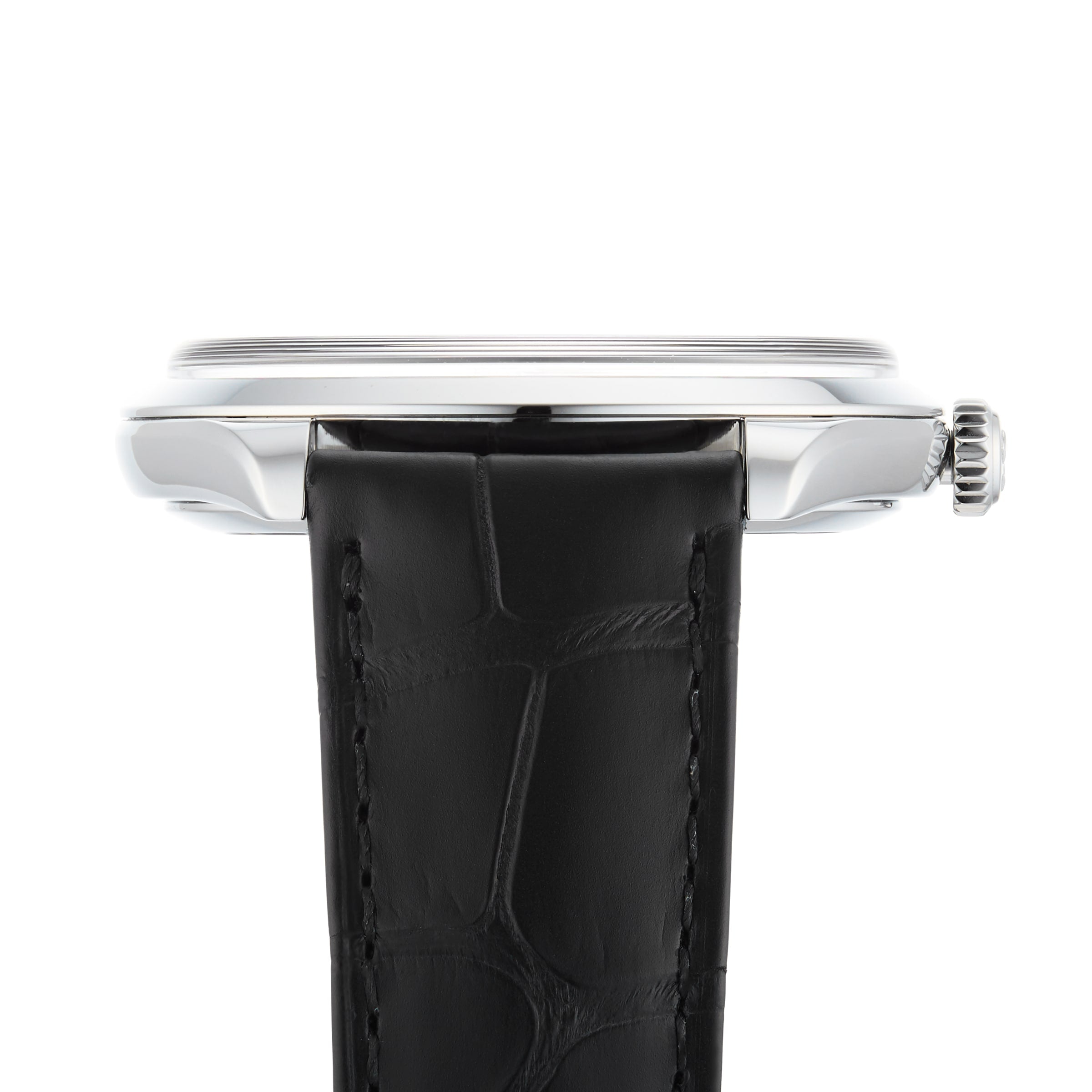 Side view of the OMEGA De Ville Trésor with a 40mm stainless steel silver-tone case, Co-Axial Master Chronometer movement, black leather strap with fine stitching, and visible crown.