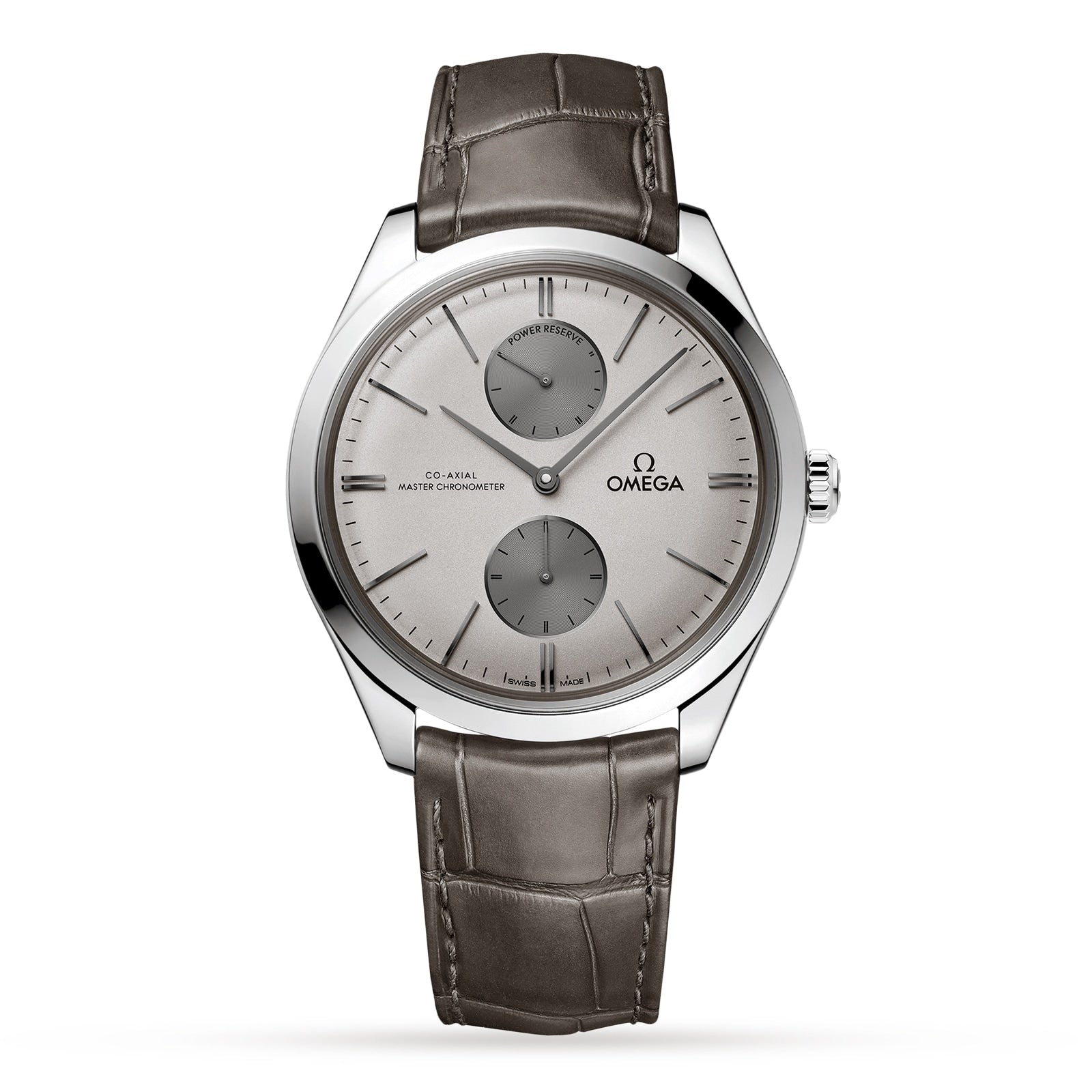 The OMEGA De Ville Trésor is a stainless steel wristwatch with a gray alligator leather strap, two subdials, and minimalist hour markers.
