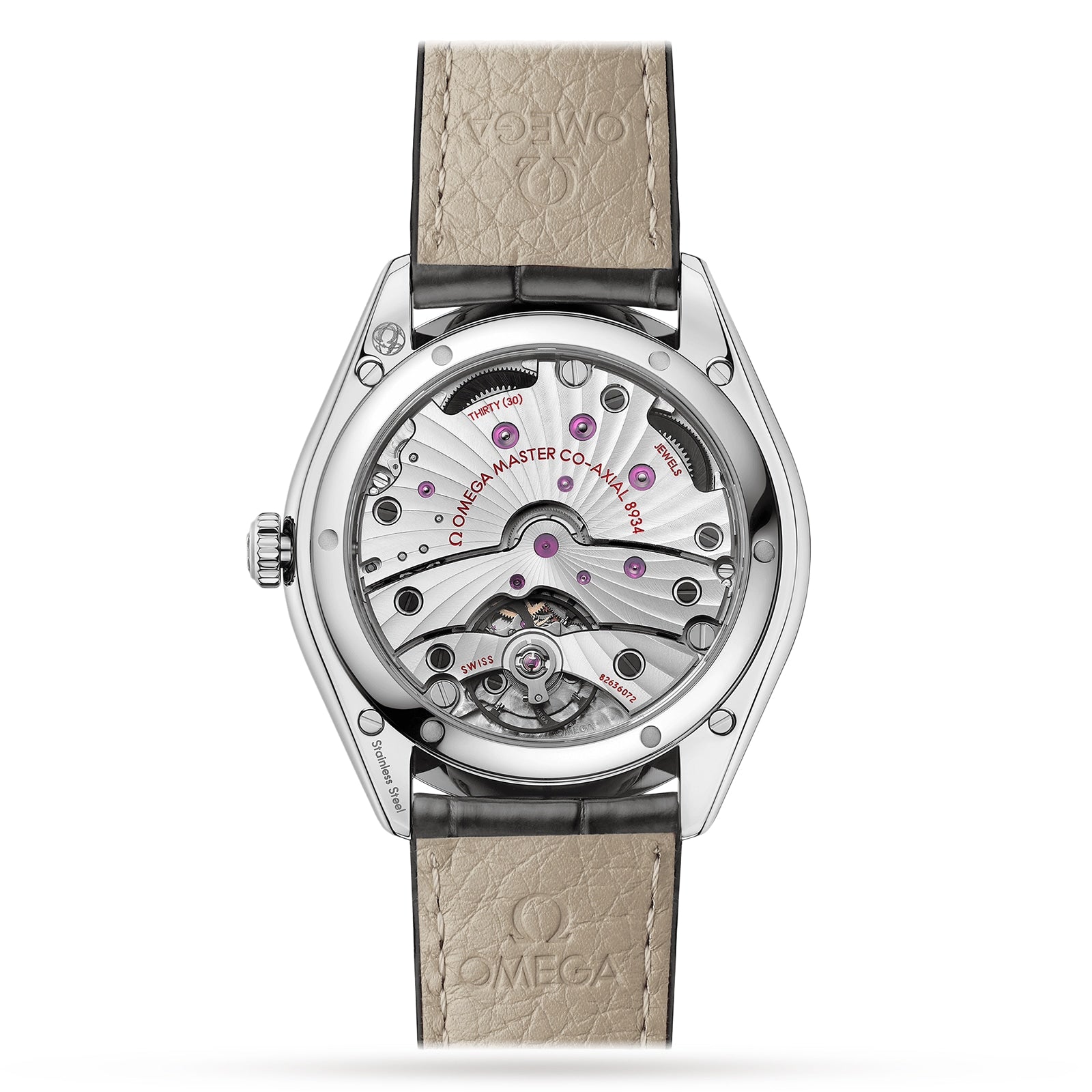 Close-up of the back of the OMEGA De Ville Trésor wristwatch, featuring an exposed Master Chronometer movement and a beige leather strap embossed with the OMEGA logo.