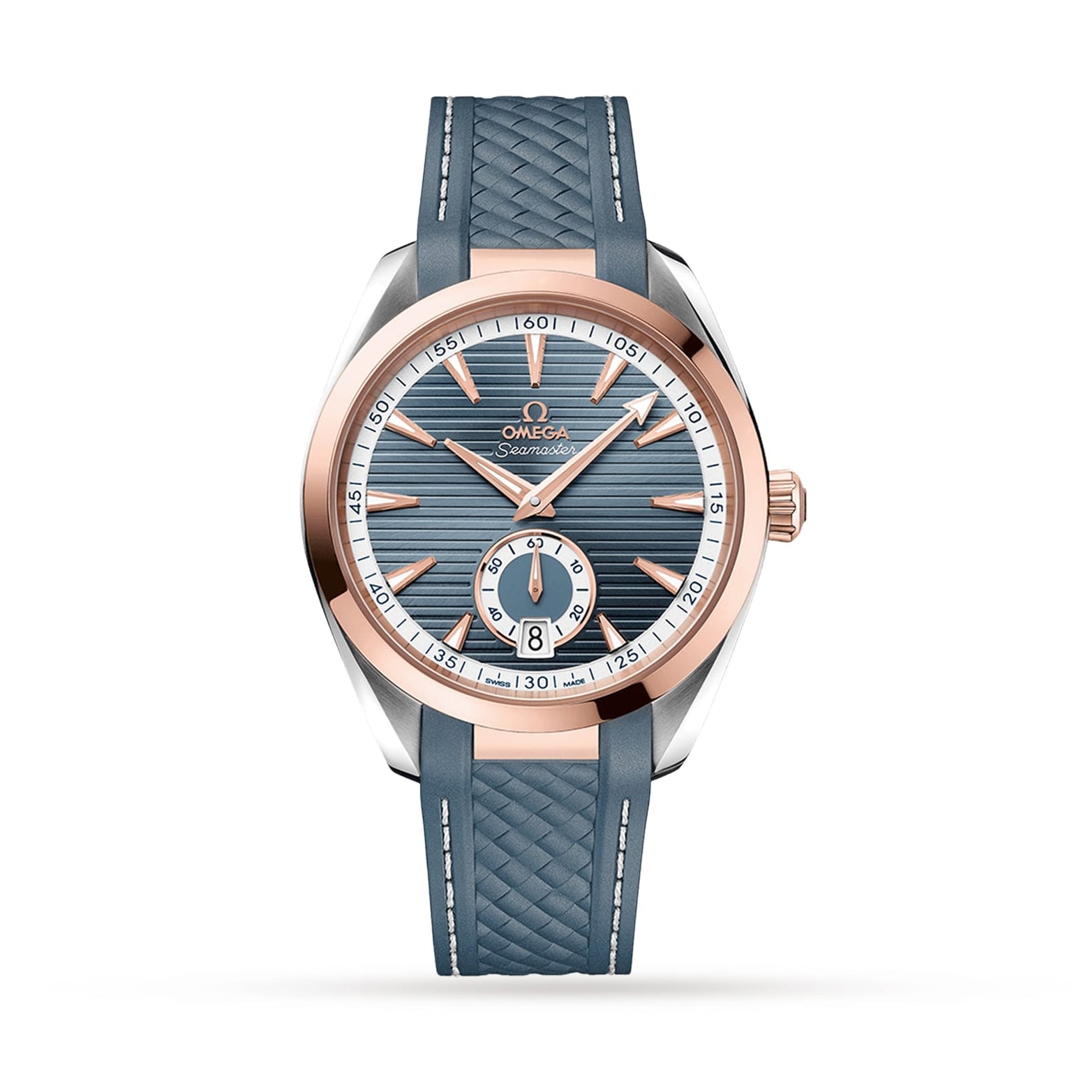 The OMEGA Seamaster Aqua Terra 150M features a blue textured strap, blue dial, Sedna™ gold accents, and silver case, proudly displaying the iconic Seamaster logo.