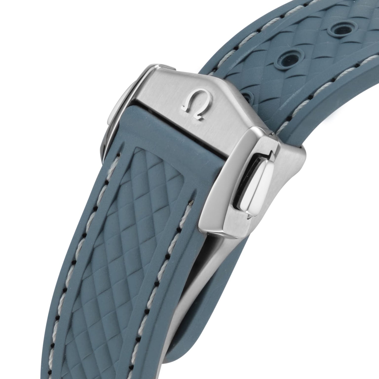 Close-up of a teal textured rubber watch strap with white stitching, secured by a stainless steel OMEGA clasp bearing the logo—designed to perfectly complement the precision and style of your Seamaster Aqua Terra 150M.