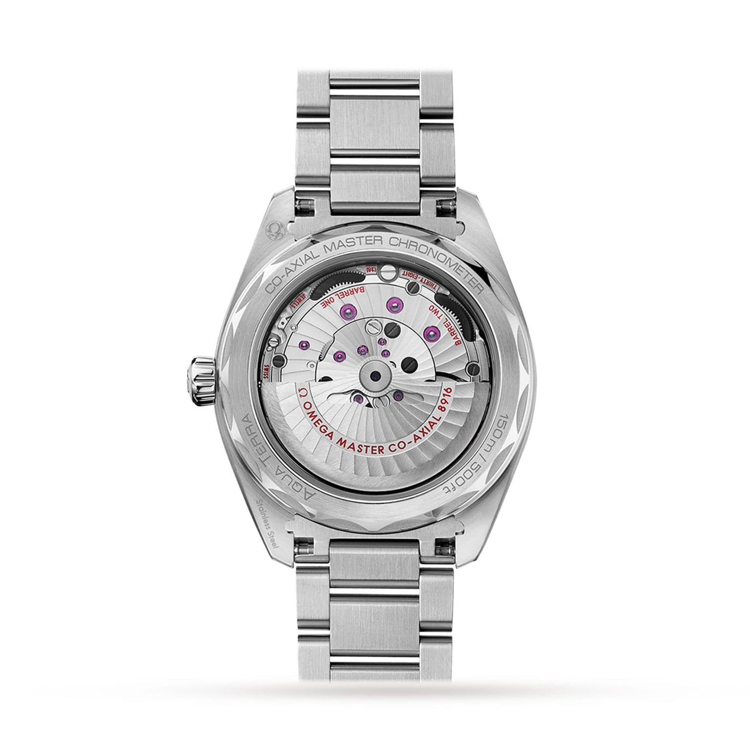 Back view of the OMEGA Seamaster Aqua Terra 150M reveals its transparent case back with visible mechanical movement and engraved text, highlighting maritime heritage and 150m water resistance.