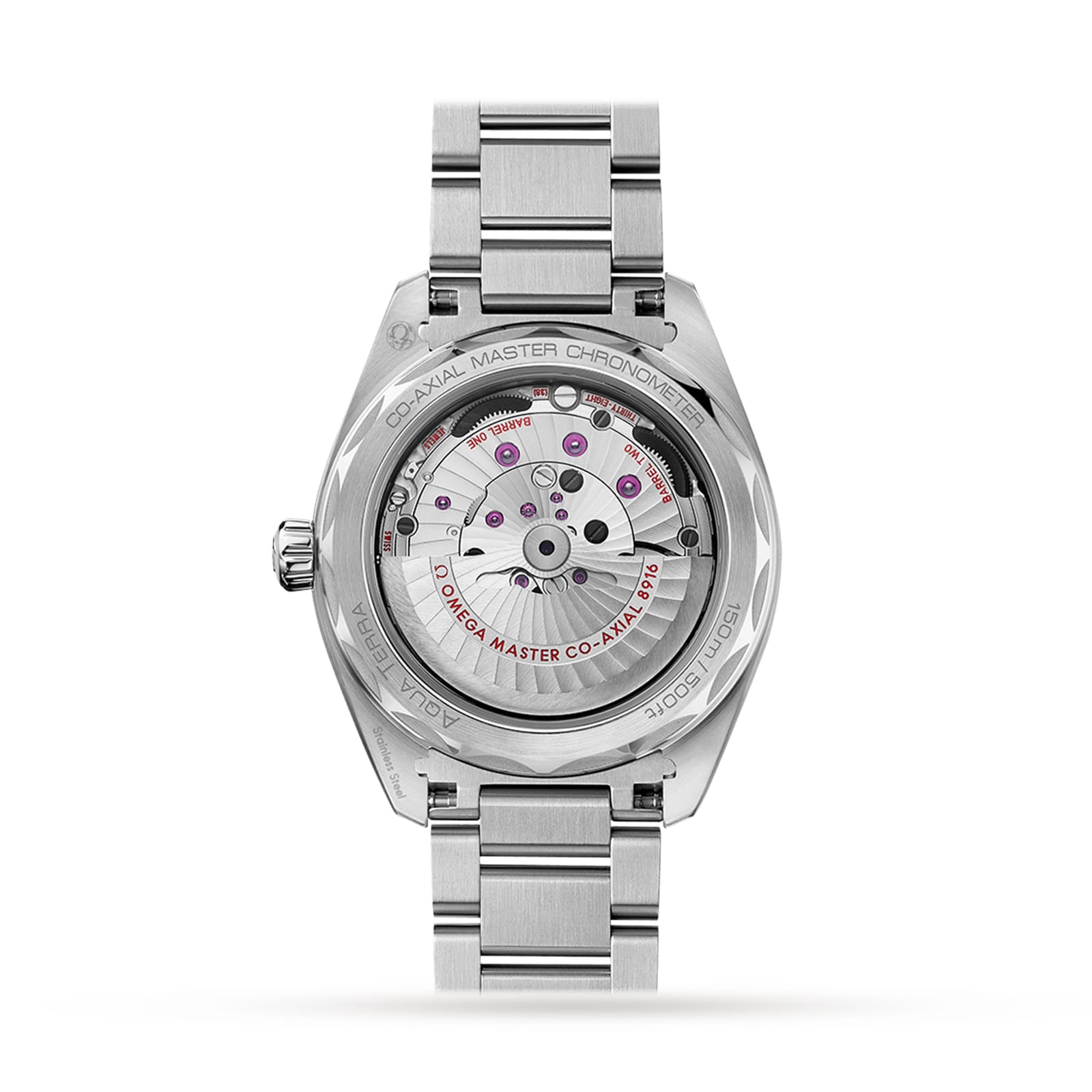 Back view of the OMEGA Seamaster Aqua Terra 150M reveals its transparent case back with visible mechanical movement and engraved text, highlighting maritime heritage and 150m water resistance.