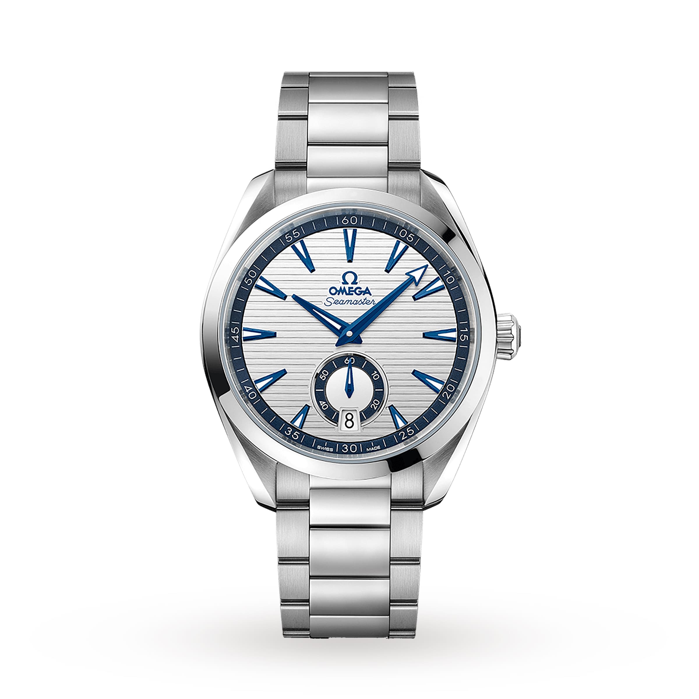 The OMEGA Seamaster Aqua Terra 150M is a stainless steel wristwatch featuring a silver and blue dial, date display at 6 o’clock, and metal bracelet—showcasing OMEGA’s maritime legacy and Master Chronometer precision.
