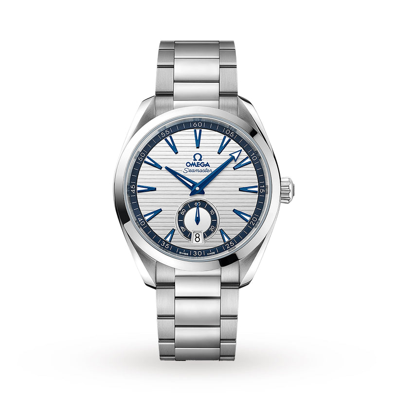 The OMEGA Seamaster Aqua Terra 150M is a stainless steel wristwatch featuring a silver and blue dial, date display at 6 o’clock, and metal bracelet—showcasing OMEGA’s maritime legacy and Master Chronometer precision.