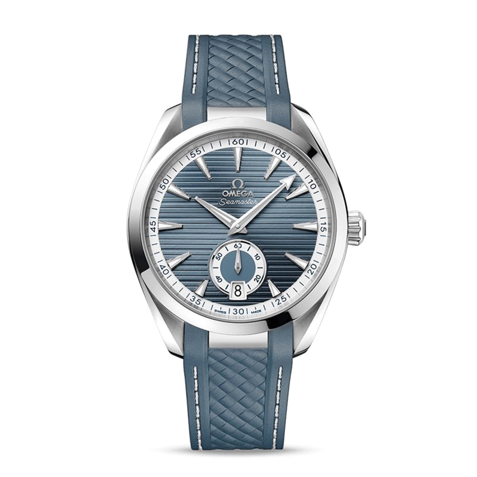 The OMEGA Seamaster Aqua Terra 150M features a blue striped dial, silver bezel, silver hour markers and hands, and a textured blue rubber strap—reflecting OMEGA’s maritime heritage.