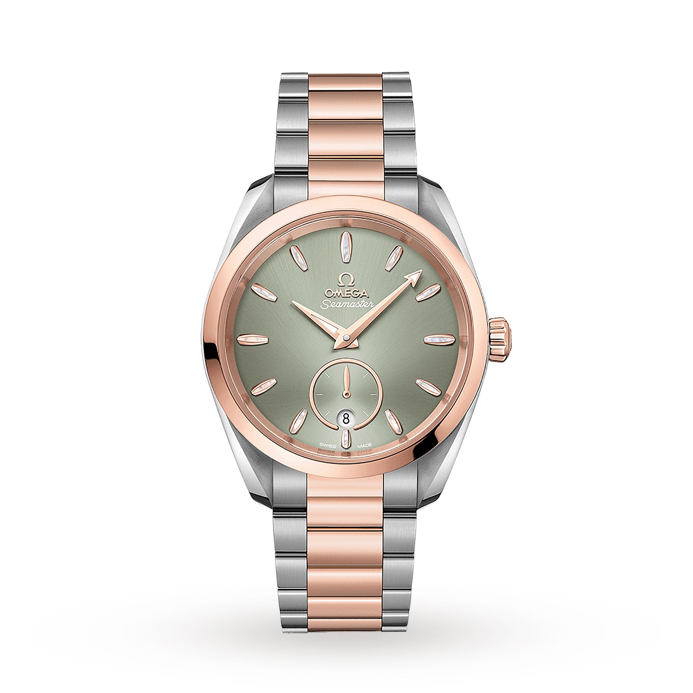 The OMEGA Seamaster Aqua Terra 150M features a green dial, rose gold bezel and accents, a silver and rose gold bracelet, date at 6 o’clock, and is powered by the master chronometer certified Calibre 8802 movement.