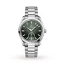 The OMEGA Seamaster Aqua Terra 150M is a stainless steel wristwatch with a green dial, silver markers and hands, date at 6 oclock, metal bracelet, and precise 8802 calibre movement.