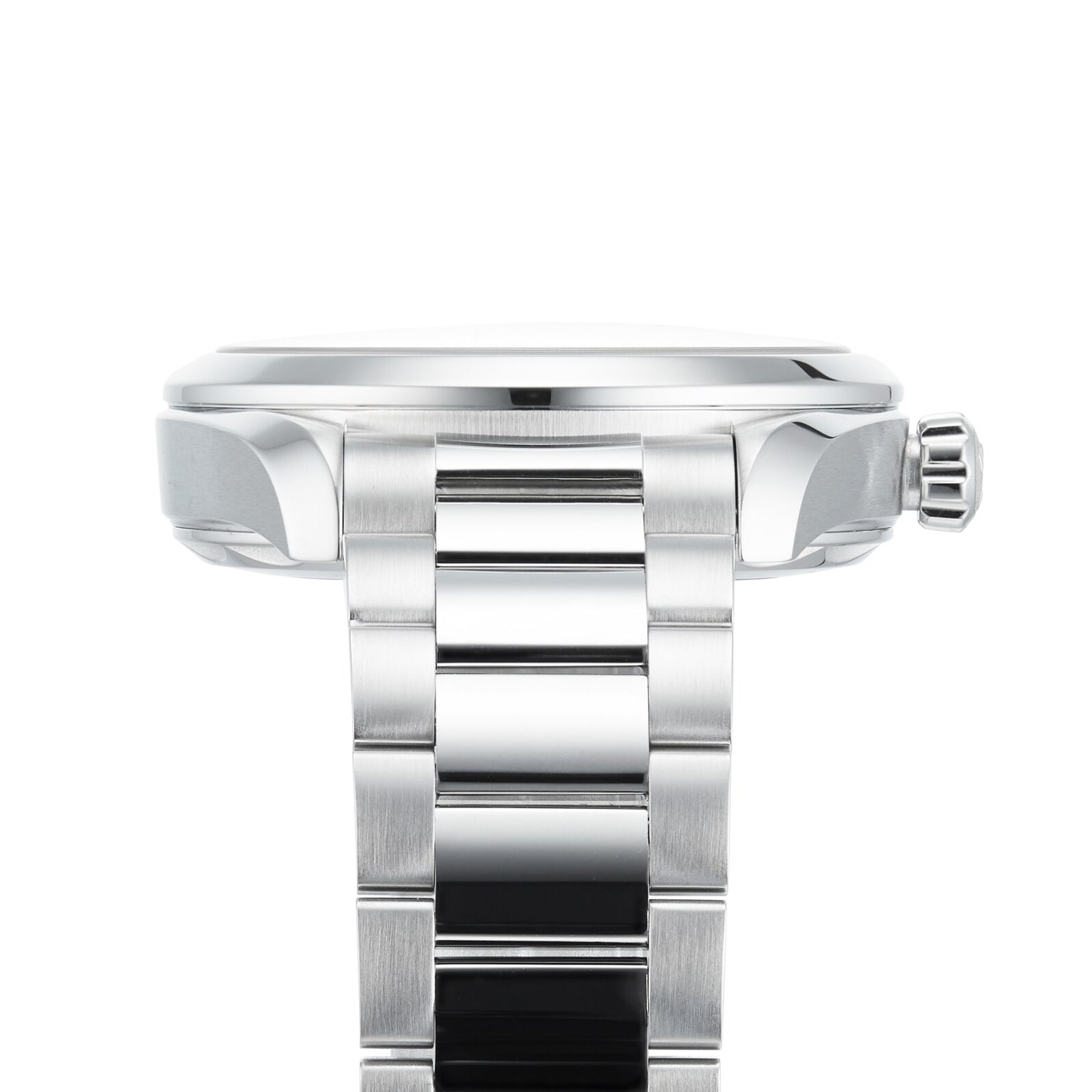 Side view of an OMEGA Seamaster Aqua Terra 150M wristwatch with a stainless steel bracelet and crown, featuring the 8802 calibre movement, photographed against a white background.