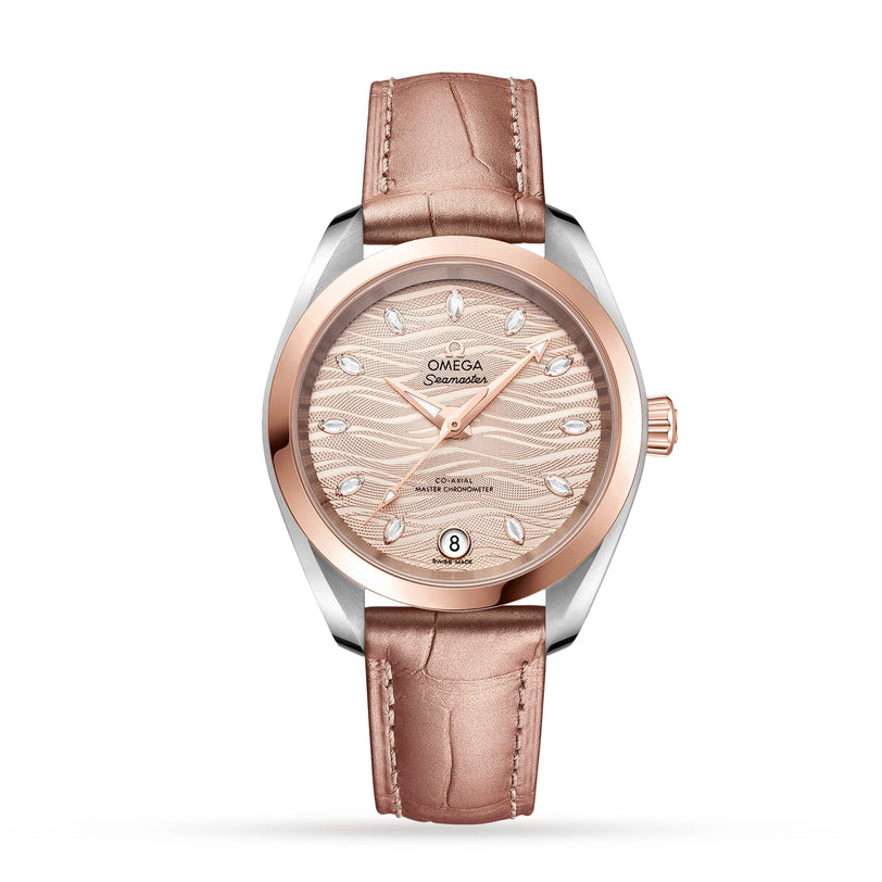 The OMEGA Seamaster Aqua Terra 150M, featuring a rose gold case, pink leather strap, diamond hour markers, textured dial, and Master Chronometer movement, is showcased against a white background.