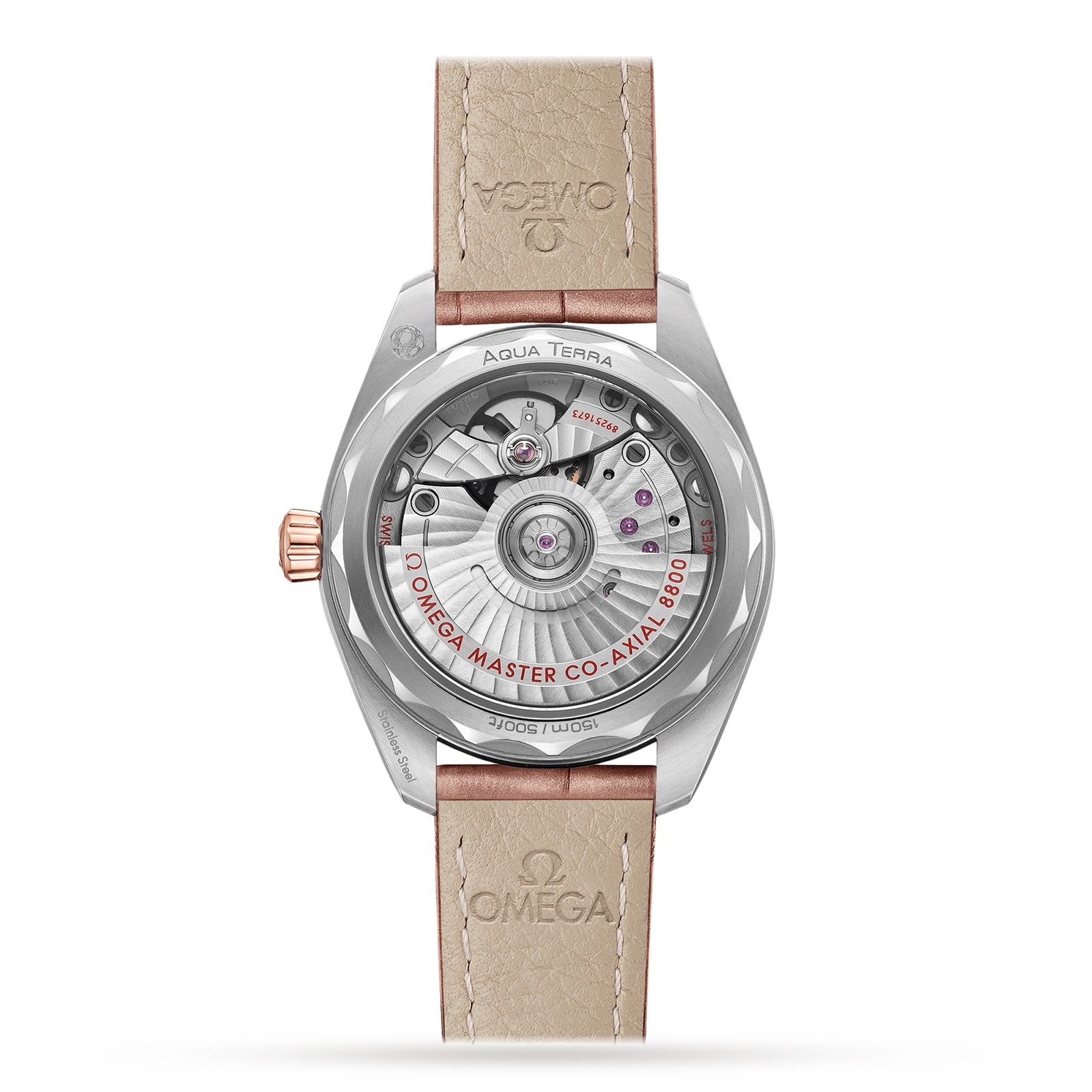 Back view of the OMEGA Seamaster Aqua Terra 150M, showcasing a transparent case back, visible Master Chronometer movement, engraved details, and a beige leather strap with OMEGA branding.